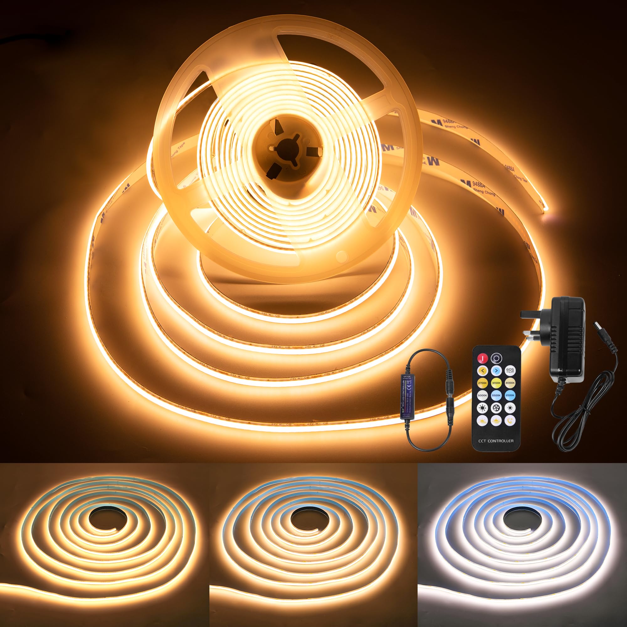 Fussion COB LED Strip Light 16.4ft, Warm White, 24V with Remote Control, Ambient Mood Lighting for Bedroom and Kitchen
