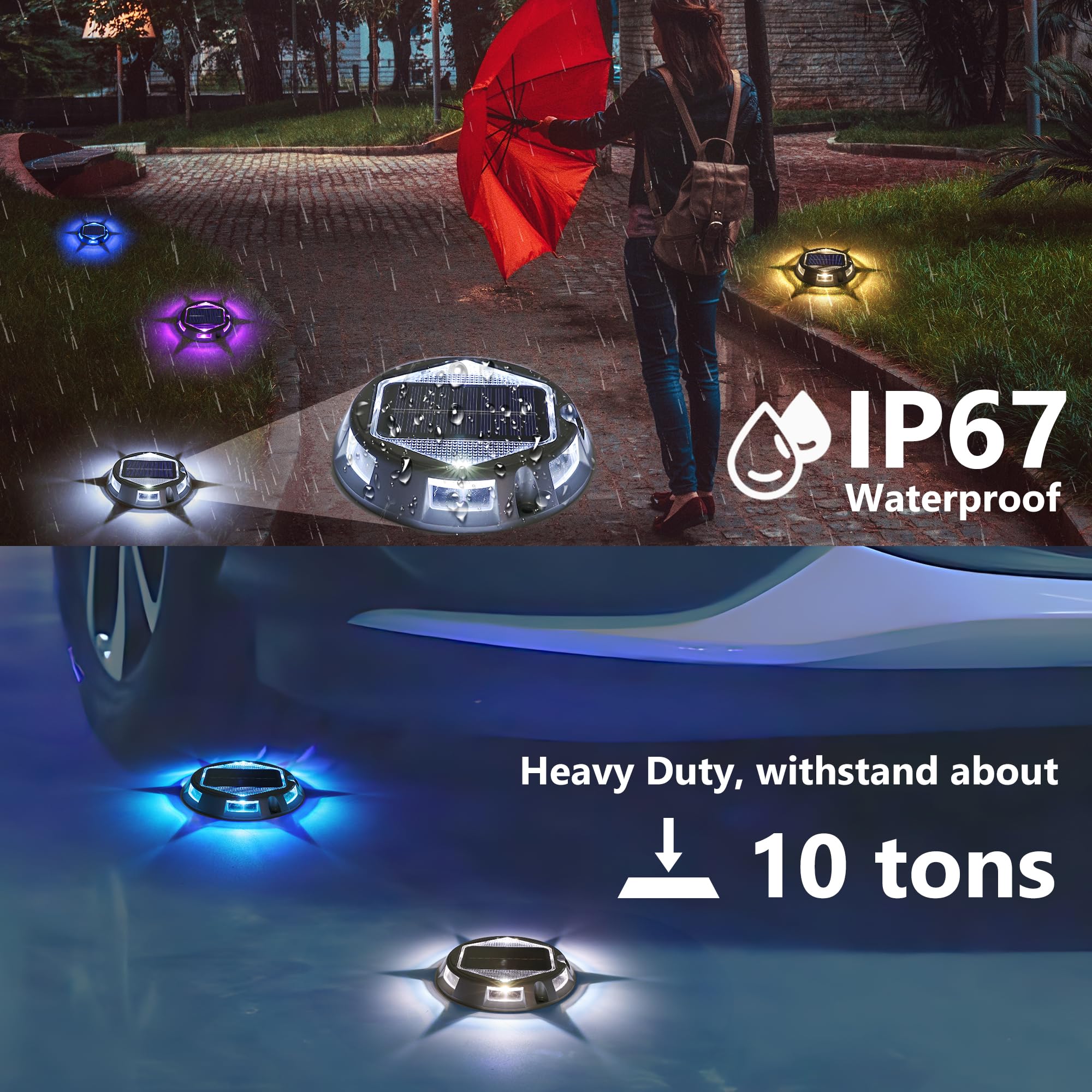 Solar Deck Light Outdoor, 12 Pack 9 Colors in 1 Solar Driveway Dock Lights, IP67 Waterproof Solar Powered Outdoor Light, RGB Ste