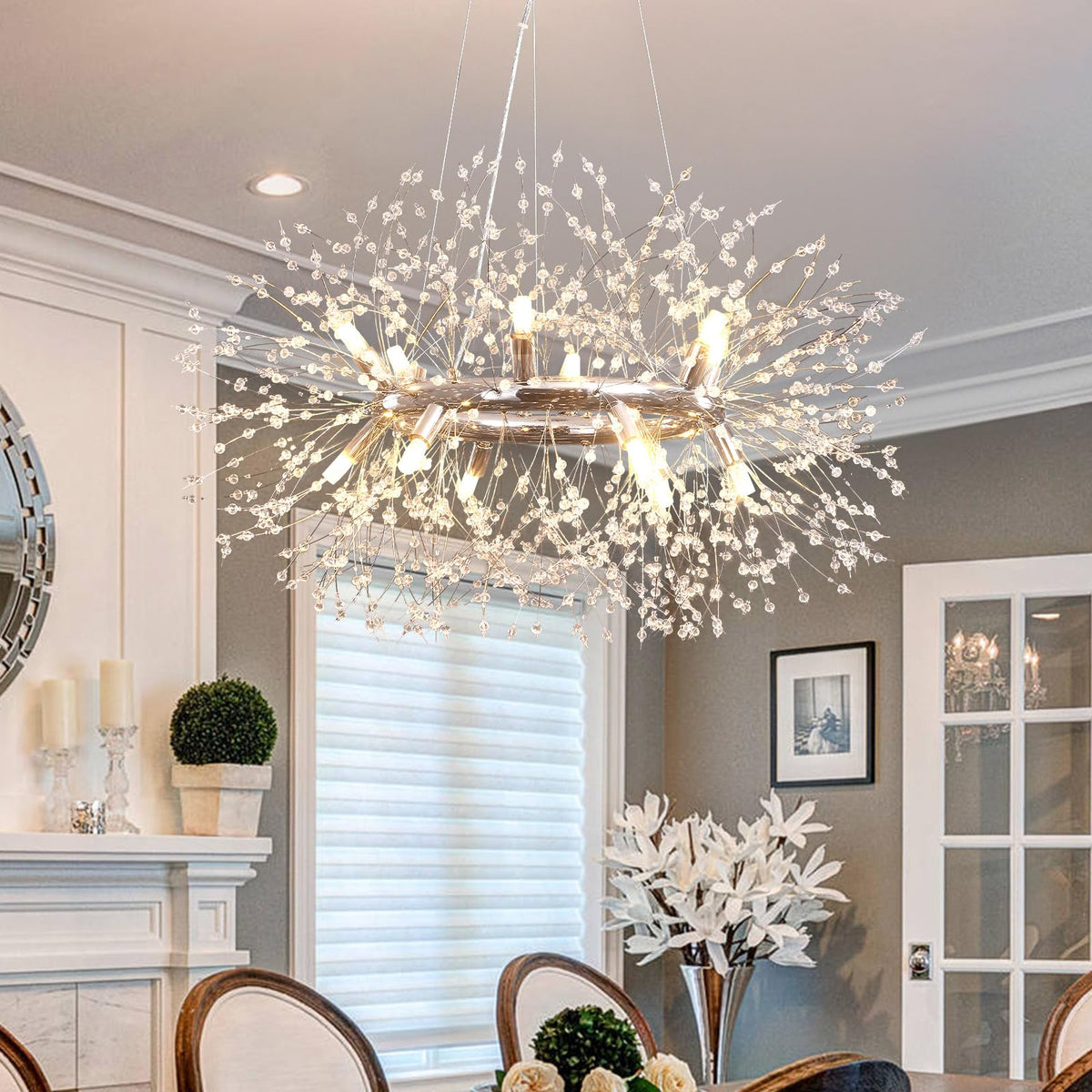 HUOKU Modern Crystal Dandelion Chandelier, 12-Light (Bulb Included) Chrome Firework Dining Room Light Fixtures, Round Hanging Pe