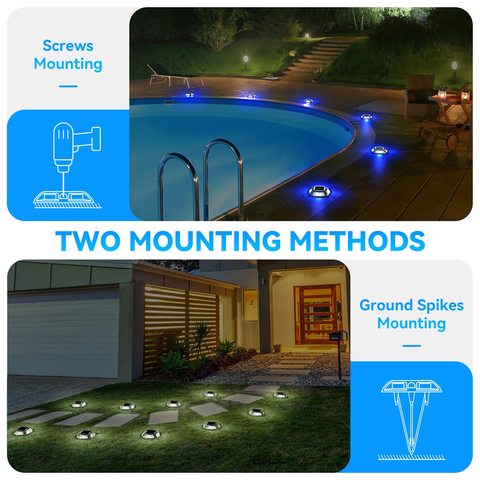 AGPTEK Solar Driveway Lights, 12 Pack, Waterproof LED, Blue & White, Model SLD1SD, Outdoor Deck Dock Marker Lights