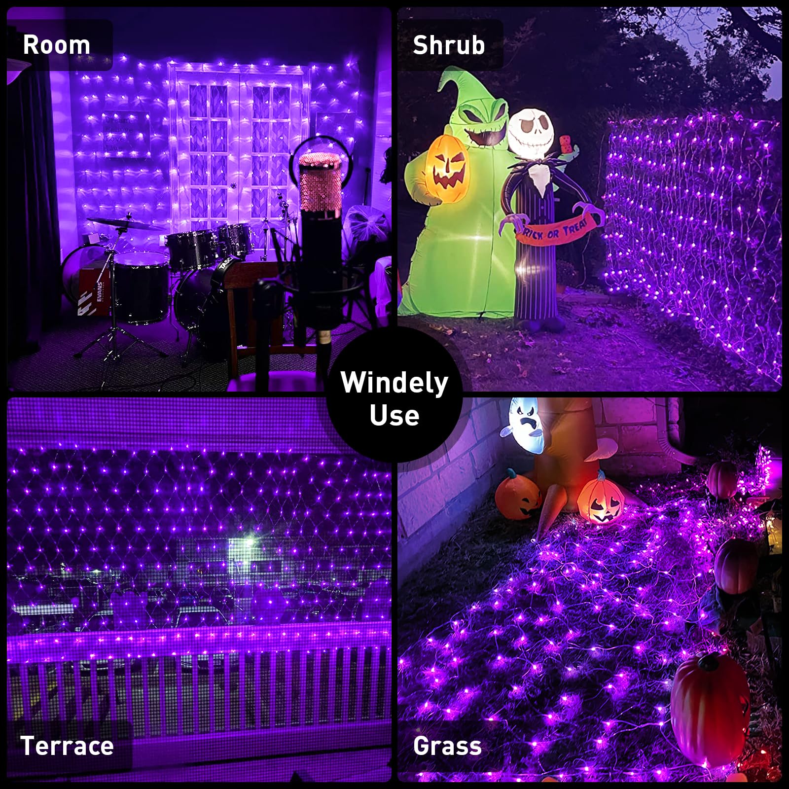 JMEXSUSS 360 LED Purple Net Lights, 12 ft x 5 ft, Waterproof Halloween Bush Lights with Remote, Model EXS-N-0360-R