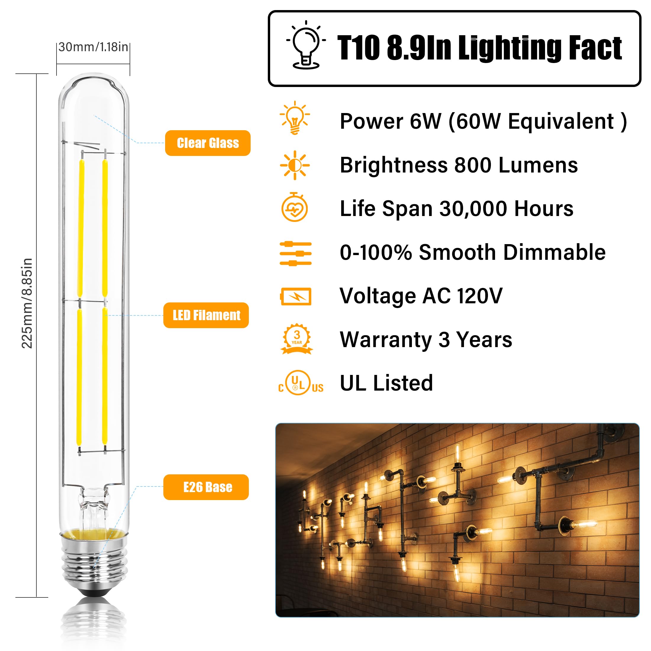 NOVELUX 8.9" T10 Dimmable LED Bulbs, E26 Base, Soft White 2700K, Vintage Glass, 800LM, 4 Pack