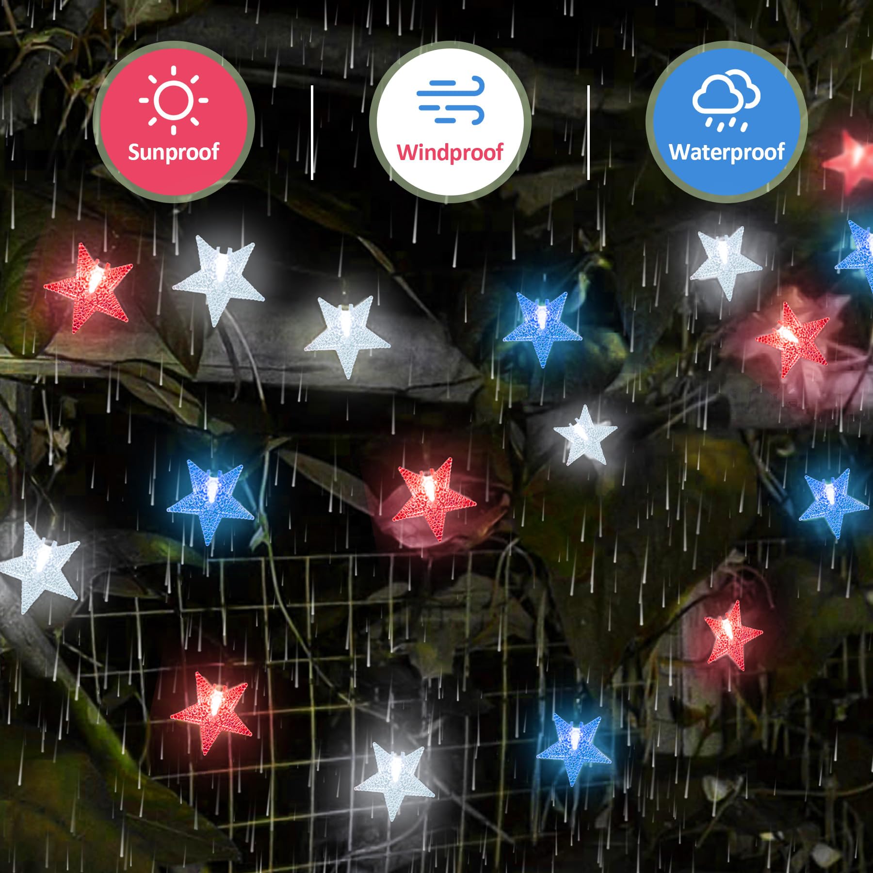 L Lampop 39Ft Solar Star String Lights - 100 Led Red, White & Blue For 4Th Of July Decor