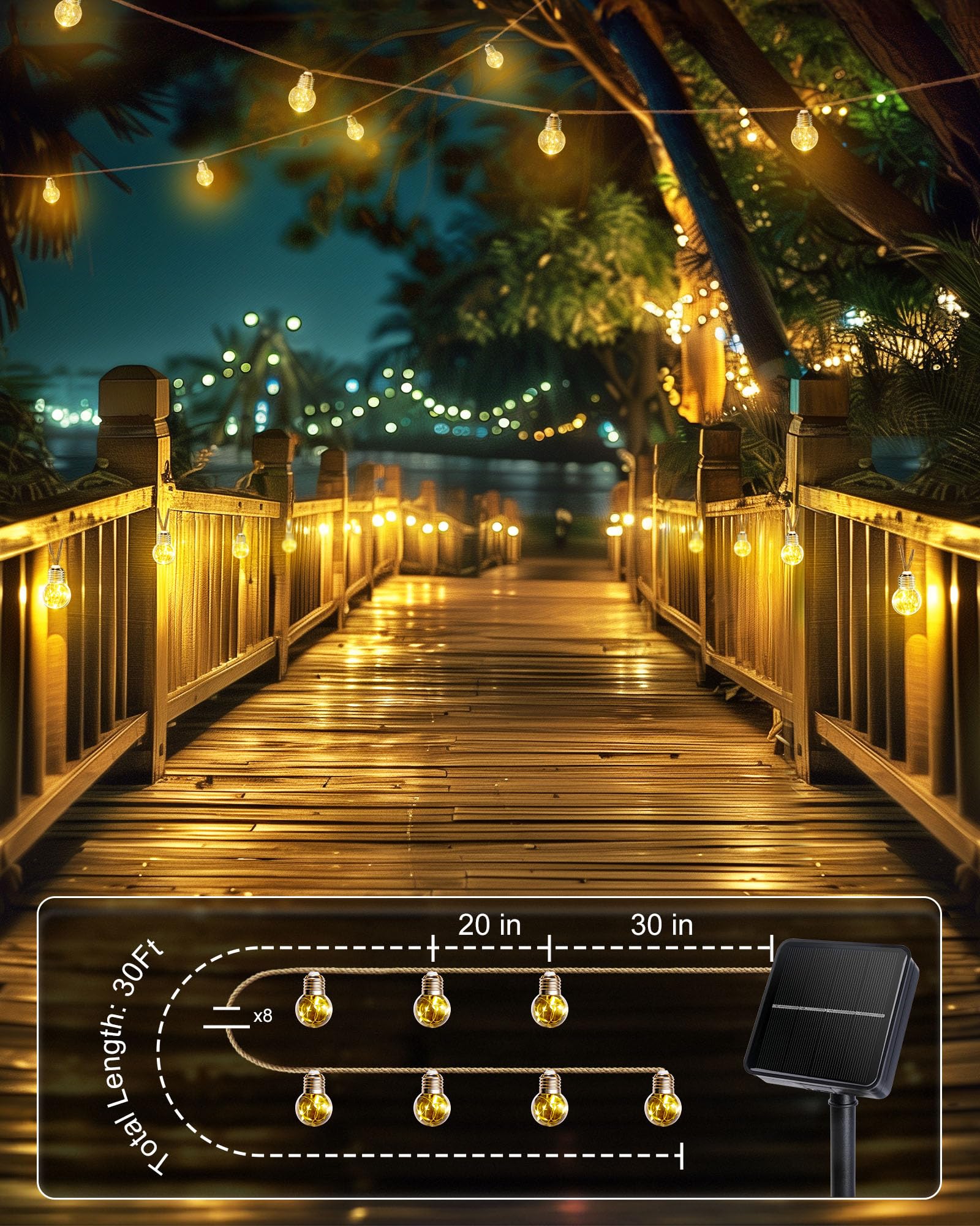 Brightown Solar String Lights Outdoor, 30Ft Vintage Hemp Rope Solar Patio Lights With 15 Shatterproof Bulbs, 8 Light Modes Water