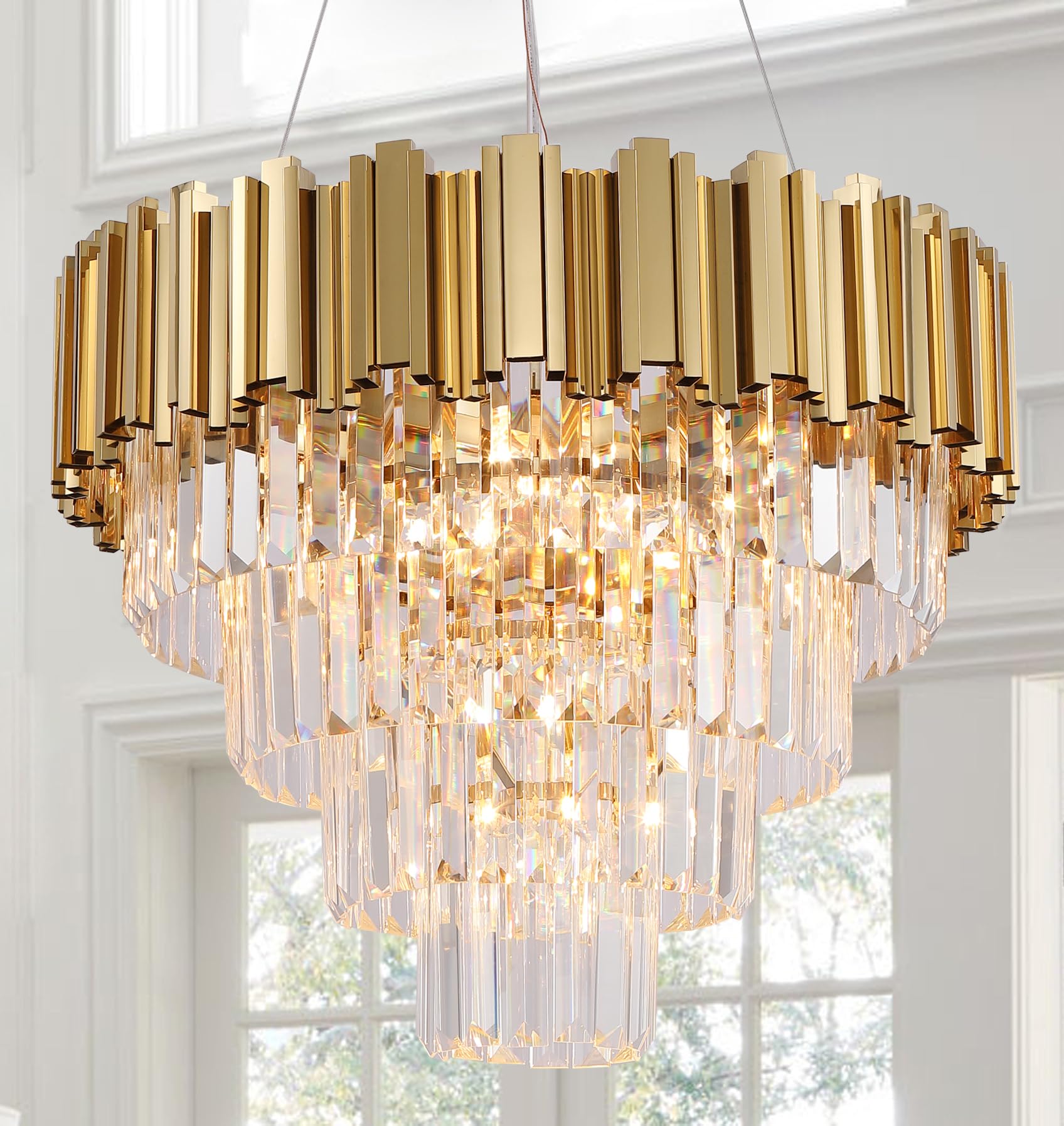 Akeelighting Gold Chandeliers Modern Crystal Chandelier Lighting 7 Lights Round Gold Dining Chandelier Light Fixture Ceiling Bed