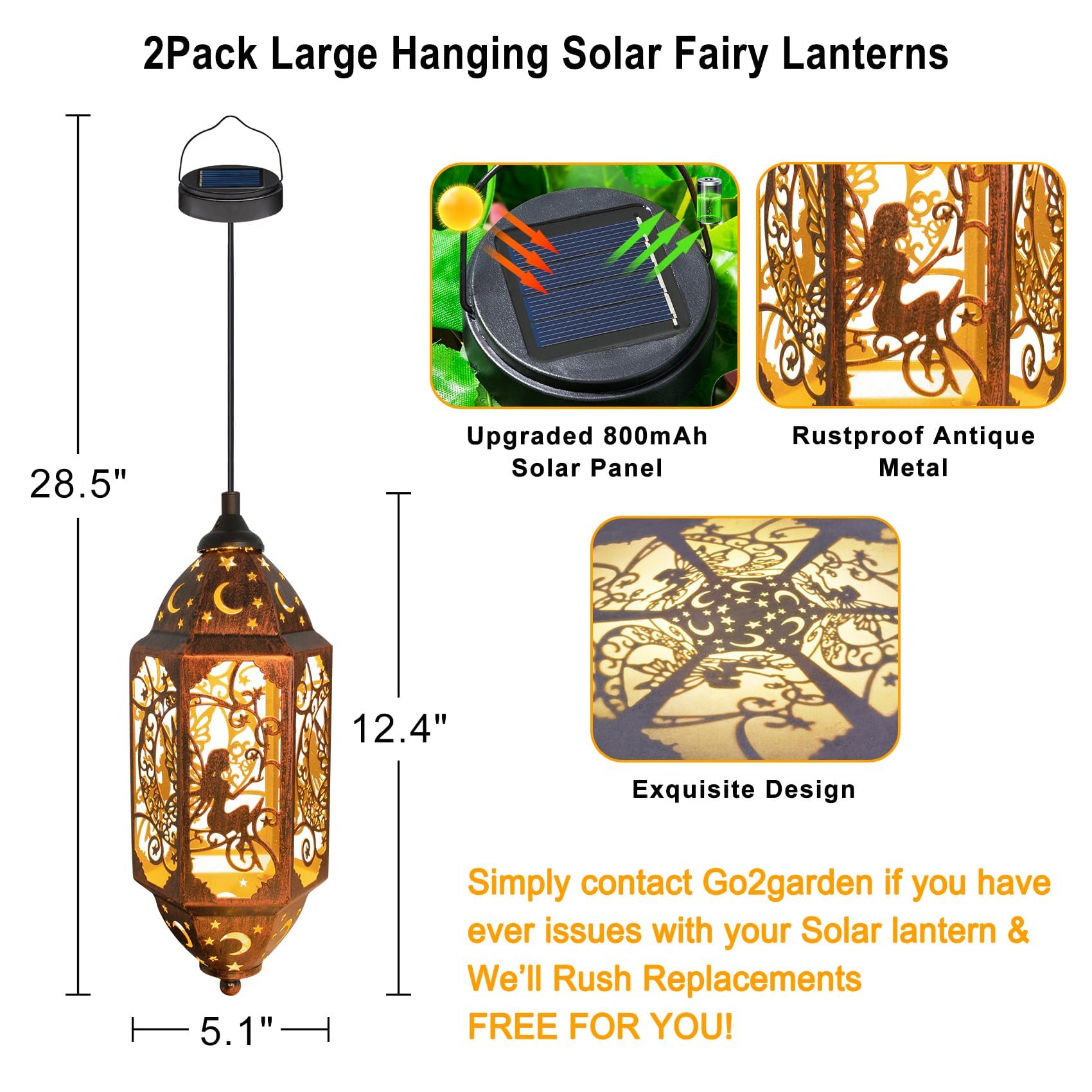 2Pack 12.4&quot; Fairy Moon Solar Outdoor Lanterns Waterproof, Go2Garden Big Metal Solar Haning Lights For Patio, Yard Decorations, Christmas Garden Birthday Gifts For Women, Mom, Wife (Red Copper)