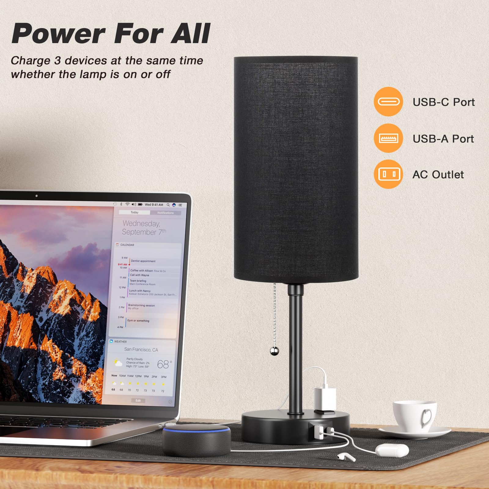 Dicoool 17 Black Bedroom Lamp with USB Ports & 3 Color Temperatures - Stylish Nightstand Light for Living Room & Bedside Use