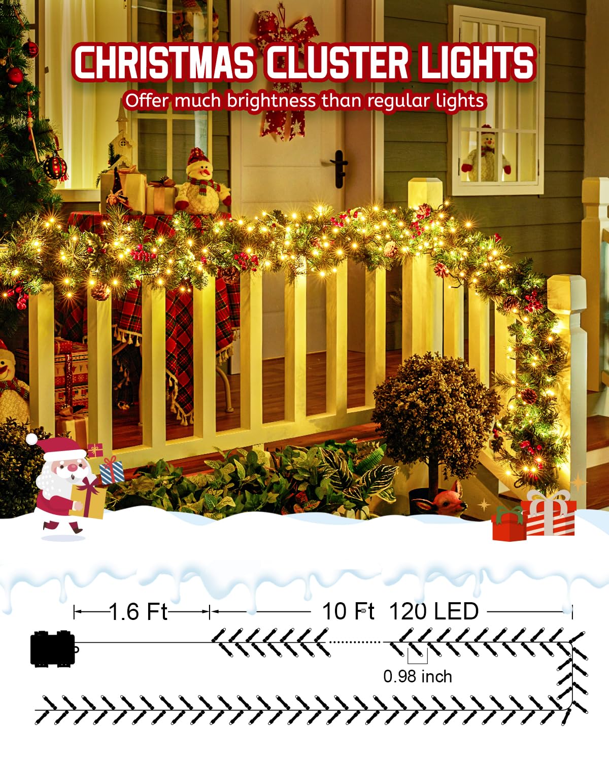 Minetom 10Ft 120 LED Battery Operated Christmas Cluster Lights, Warm White, 2 Pack, Waterproof Twinkle Lights for Indoor/Outdoor Decor