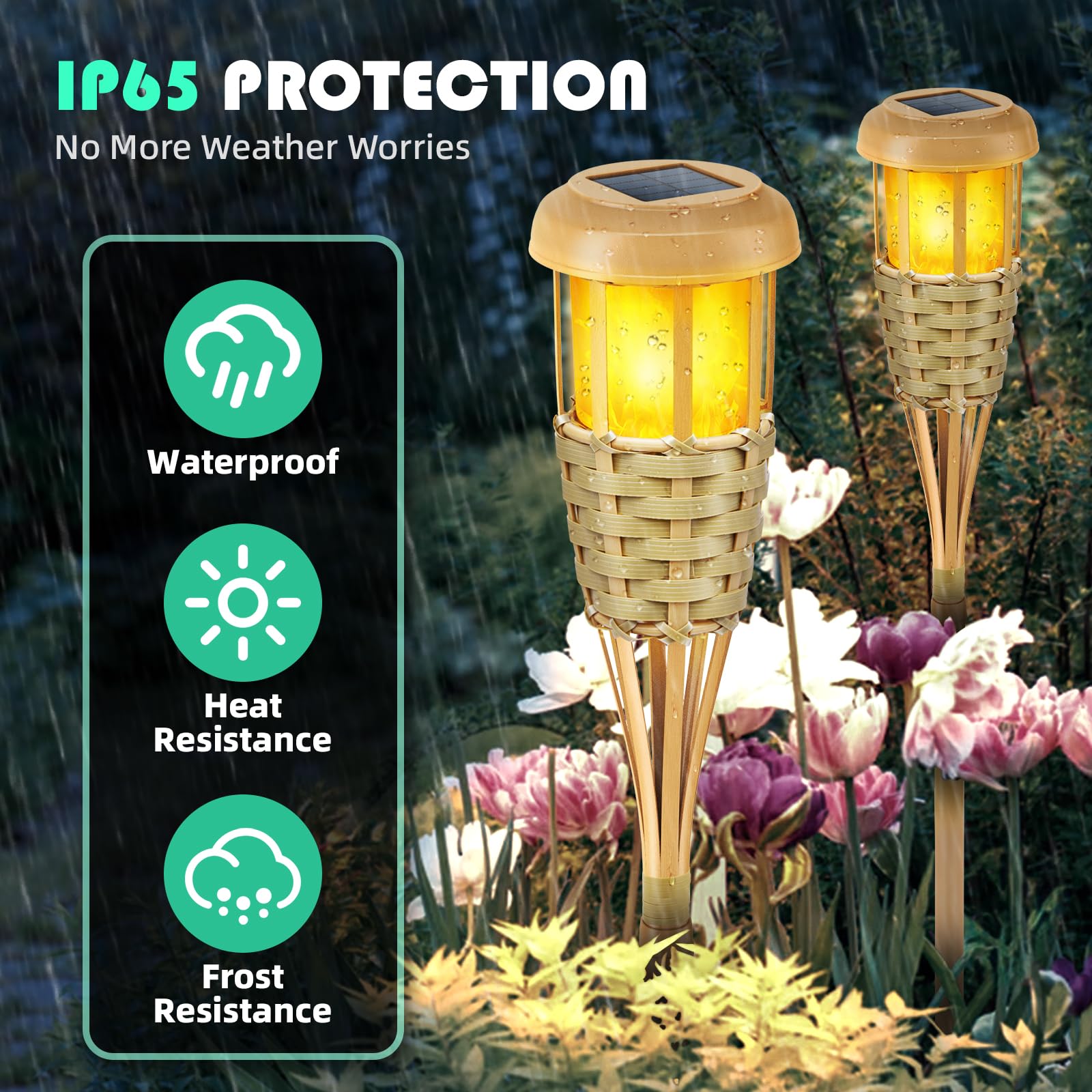 Evelynsun Solar Torch Lights - Flickering Flame Outdoor Decor, 4 Pack, Bamboo