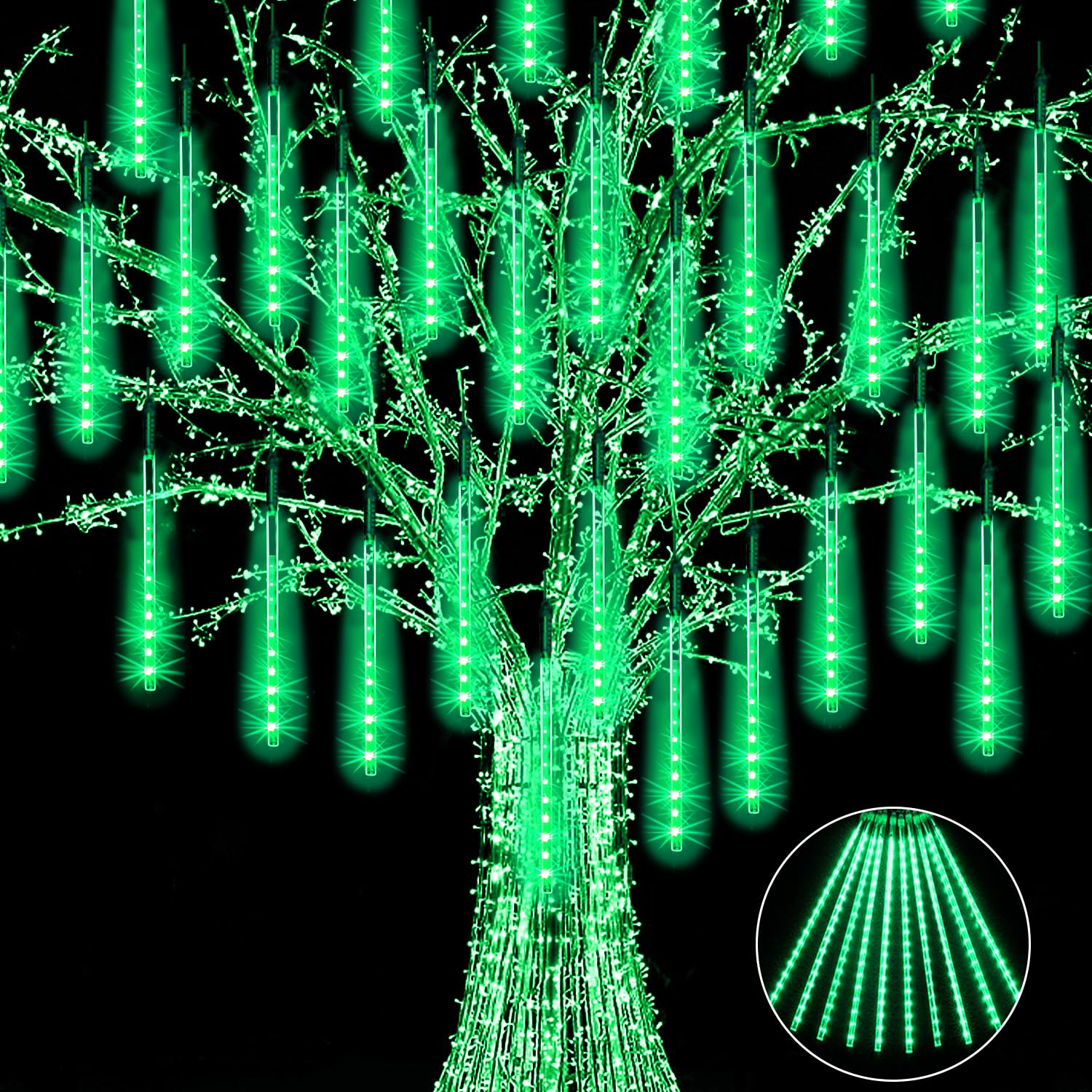 JJGoo Christmas Lights Meteor Shower Rain Lights, 10 Tube 12 inch, Green, PVC, Model KM1001F-10liuxingyu-30cm-lv-1A