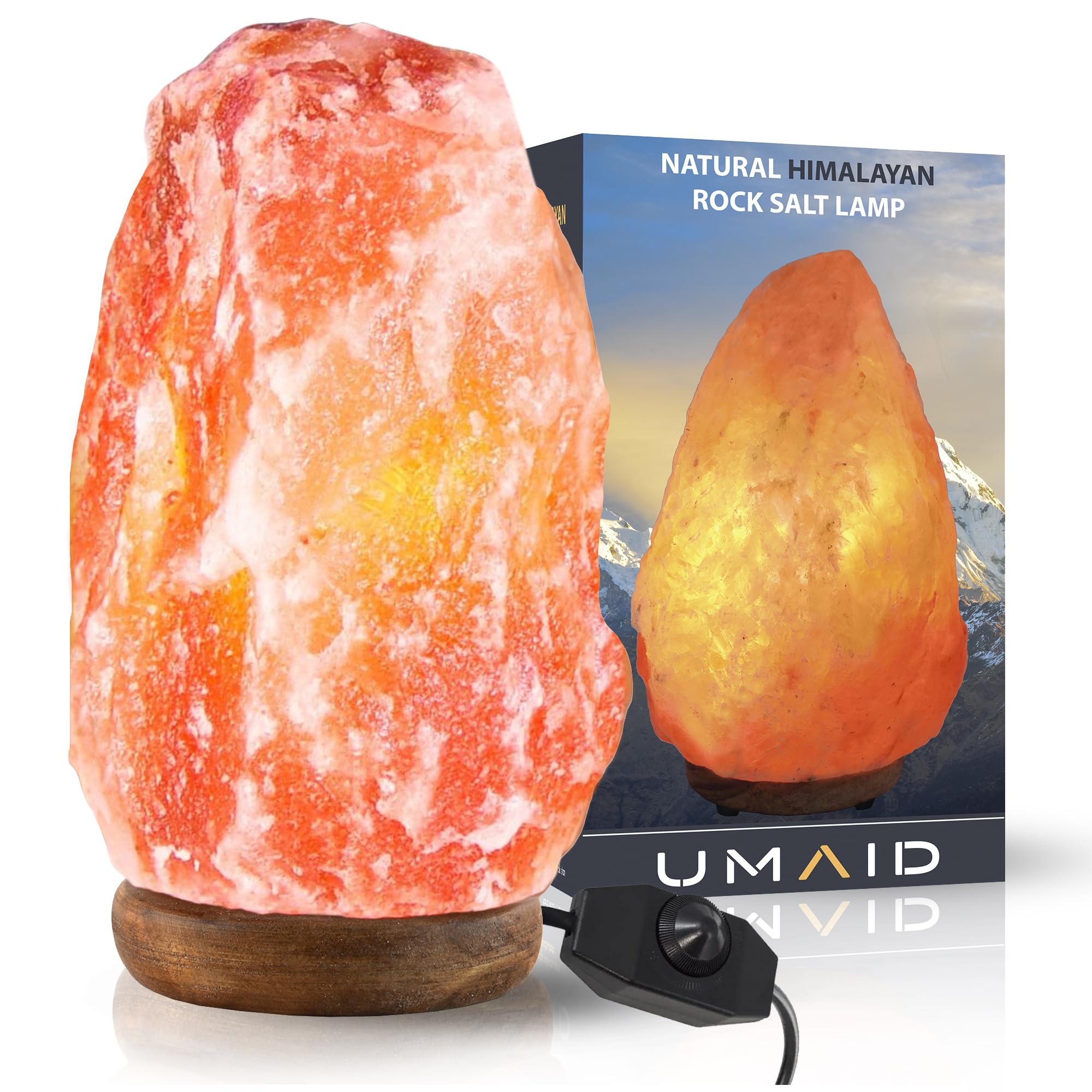 Umaid Himalayan Salt Lamp 8-10 Inch, Dimmable Switch, Wooden Base, Natural Pink Rock Salt