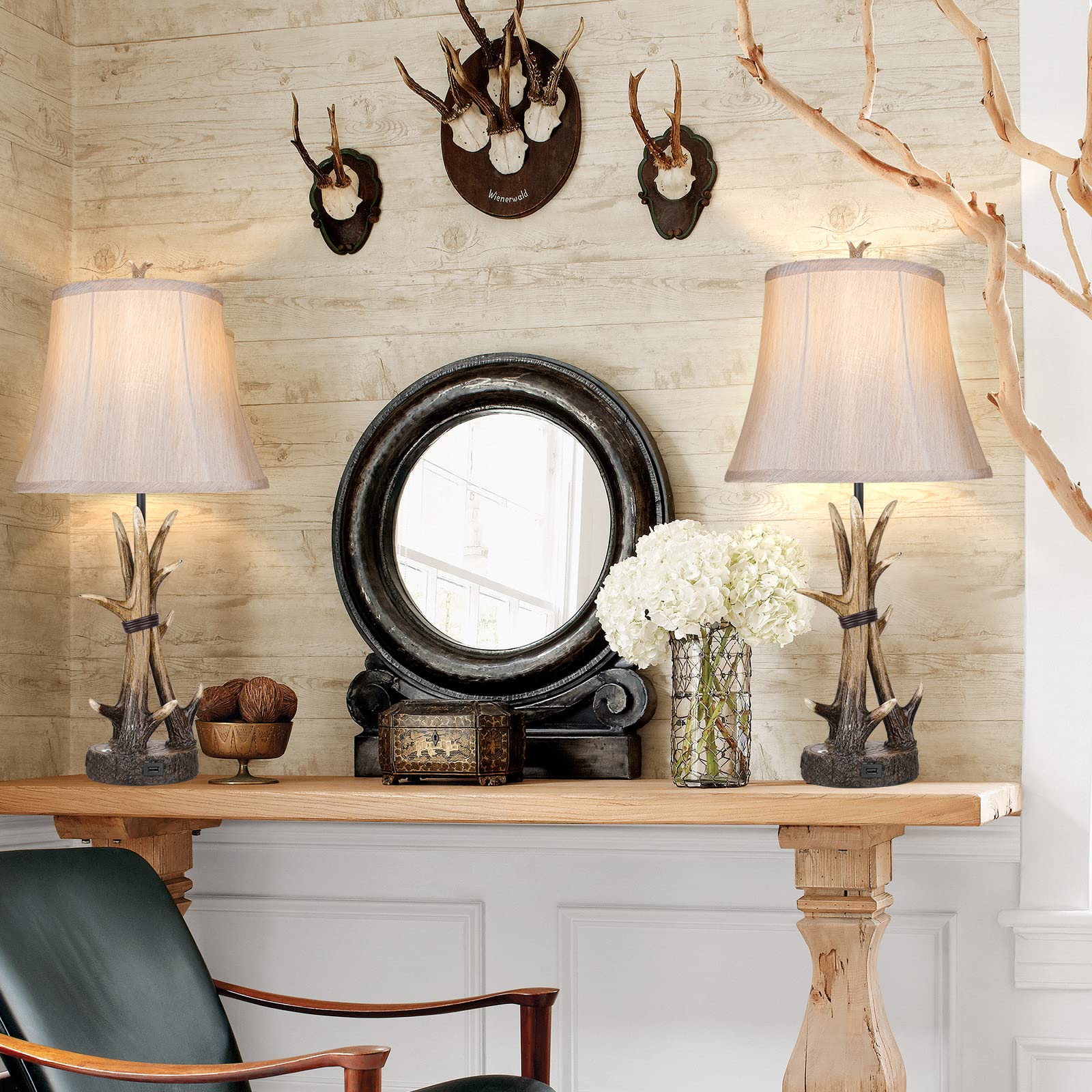 Rustic Table Lamps For Living Room Set Of 2, Farmhouse Antler Western Bedside Lamp For Bedroom With 2 Usb Charging Port, 3-Way D