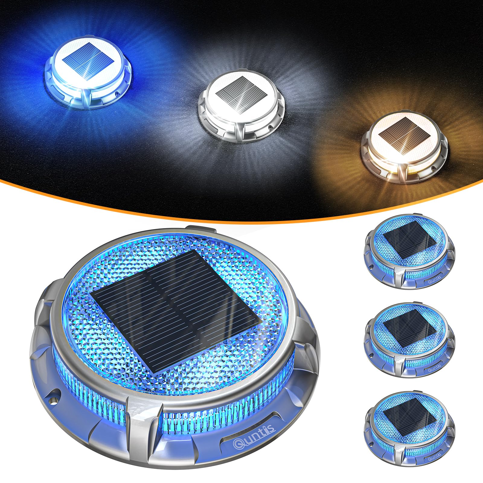 Quntis Solar Deck Lights, 4 Pack Outdoor Ip68 Waterproof, 3 Color Modes For Pathway & Driveway