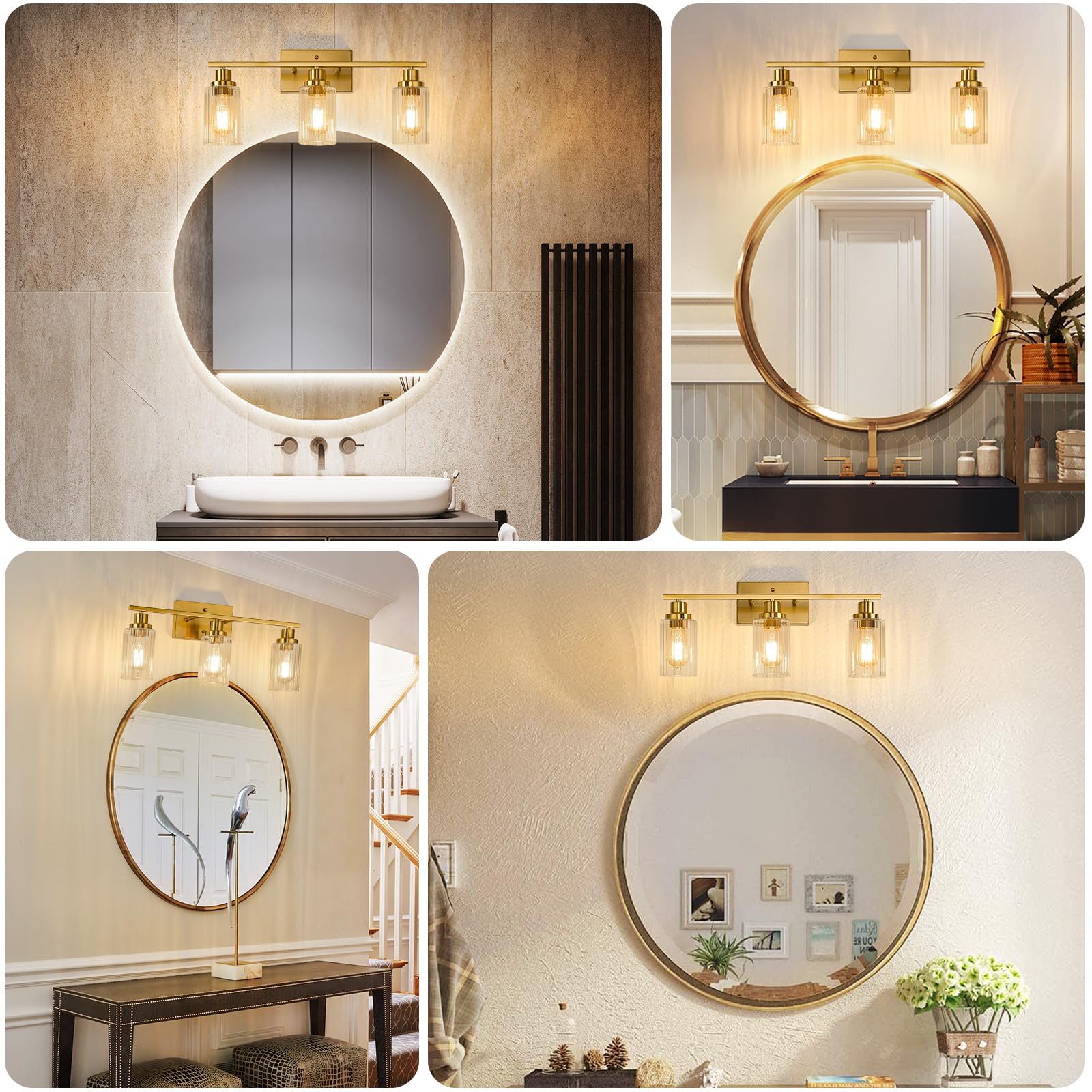 Jonsi 3-Light Gold Bathroom Vanity Light Fixtures, Brushed Gold with Fluted Glass Shade, Model X003W-3AGB, 23.5 Inch