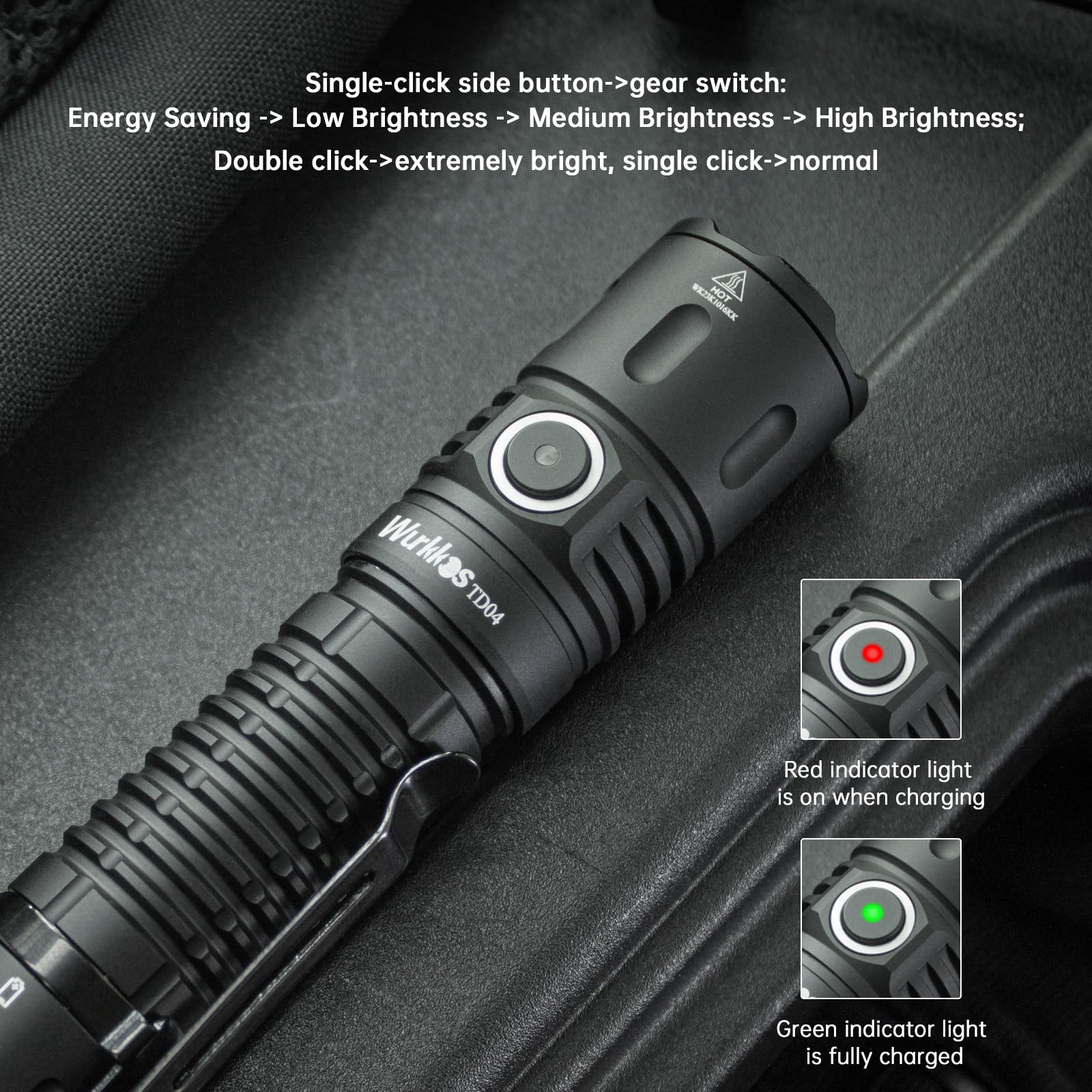 Wurkkos TD04 Tactical Flashlight, 3000 Lumens, Rechargeable, LED, 6061 Aluminum, Black, EDC for Camping & Emergency