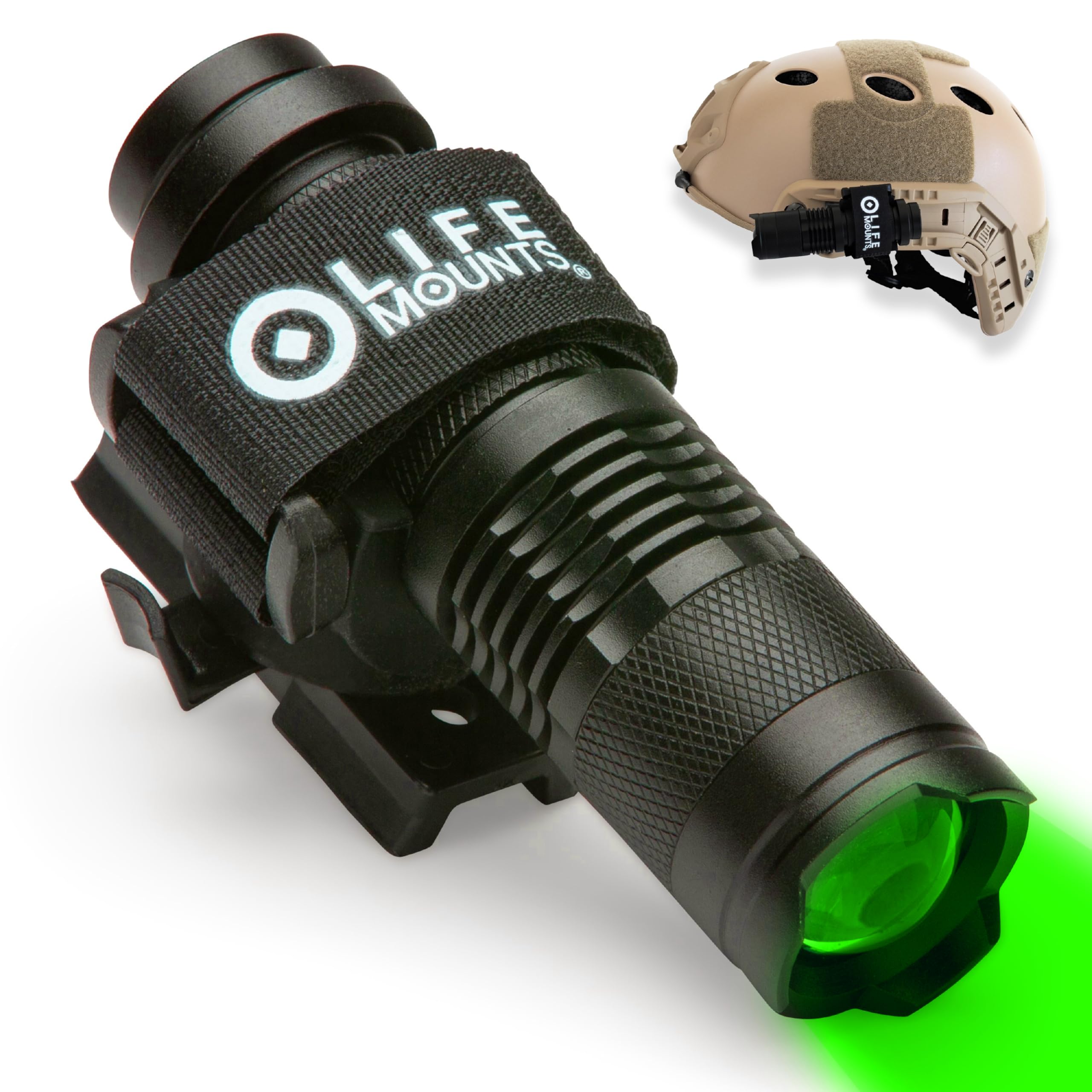 Life Mounts Tactical Helmet Flashlight Mount - 3.5 x 1.5 in, Green LED - Hands-Free Lighting for Tactical Gear - Shockproof Dura