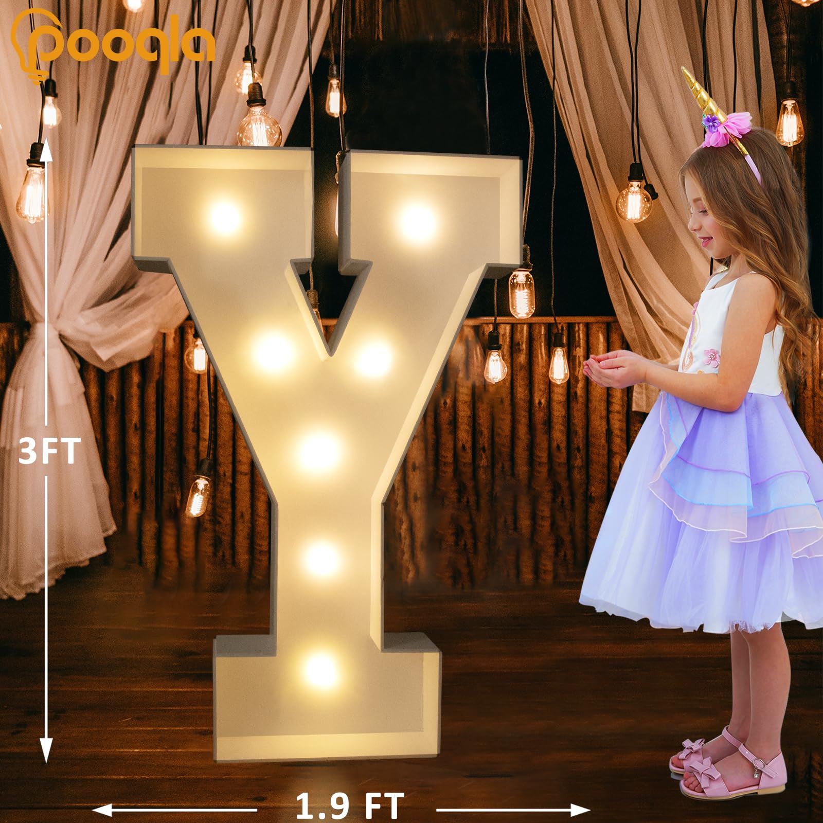 Pooqla 3FT Marquee Light Up Letter Y, Cool White & Warm White LED, Polypropylene, Model 3FT-FXDJ 2W-Y