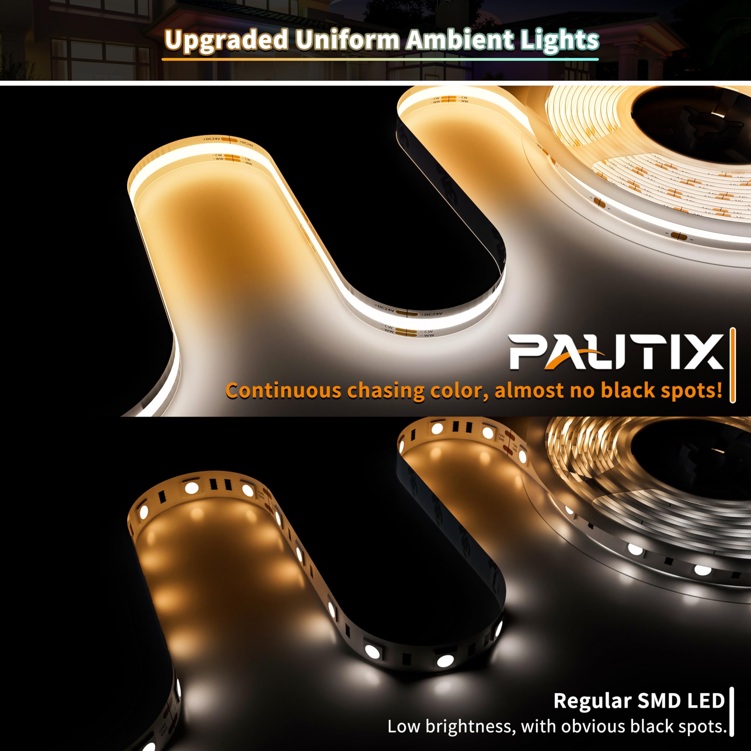 Pautix Cob Led Strip Light Cct Tunable White Ip65 Waterproof,Cri90+ 24Ft/7.5M 2700K-6500K Dimmable 24V Led Tape Light,For Under