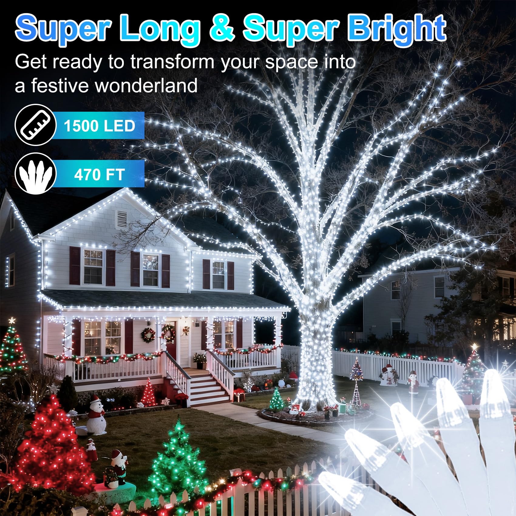 WUXYIYANG 1500 LED Christmas String Lights, 470FT, Cool White, Waterproof, 12 Modes, Timer, Dimmable for Outdoor Decor, Model WX-1500