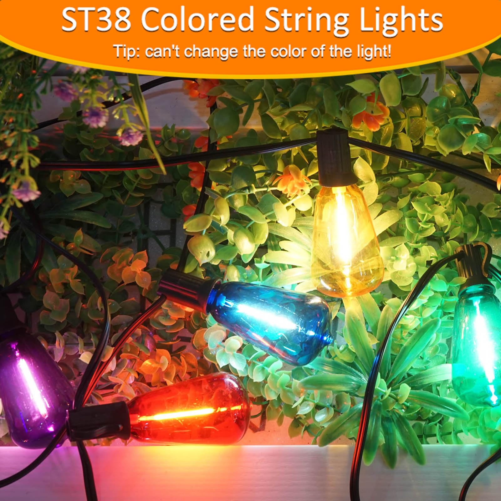 Achin 50Ft Outdoor String Lights Multicolor Patio Lights Waterproof With 25+2 Led St38 Colored Bulbs Shatterproof, Colorful Stri