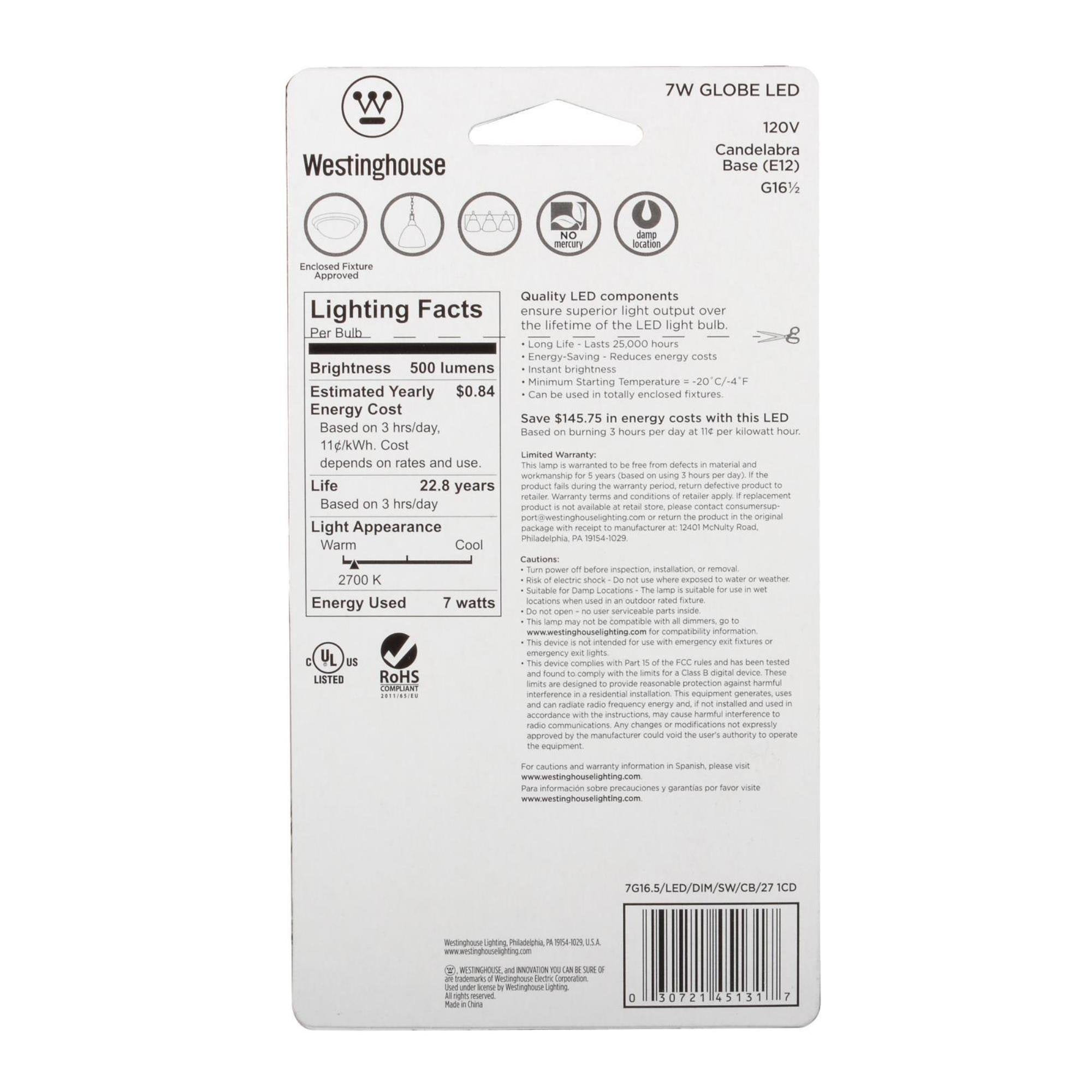 Westinghouse 4513120 60W Equivalent G16-1/2 Dimmable Soft White Led Light Bulb With Candelabra, 4 Count (Pack Of 1)