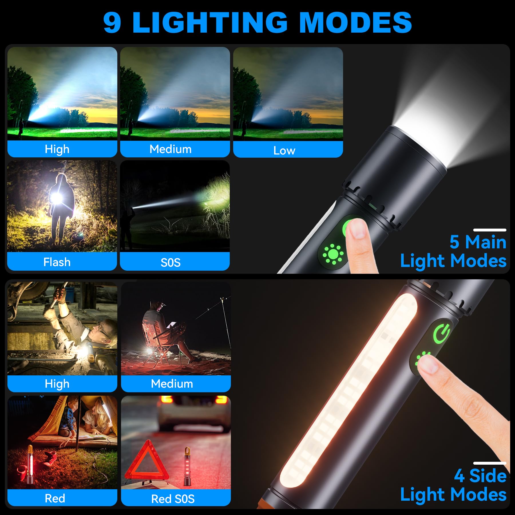 ADDplus Magnetic Rechargeable Flashlights 2 Pack, 2000LM, 9 Modes, Waterproof, Model DY-SD-X725, Ideal for Home, Car, Hiking, Camping