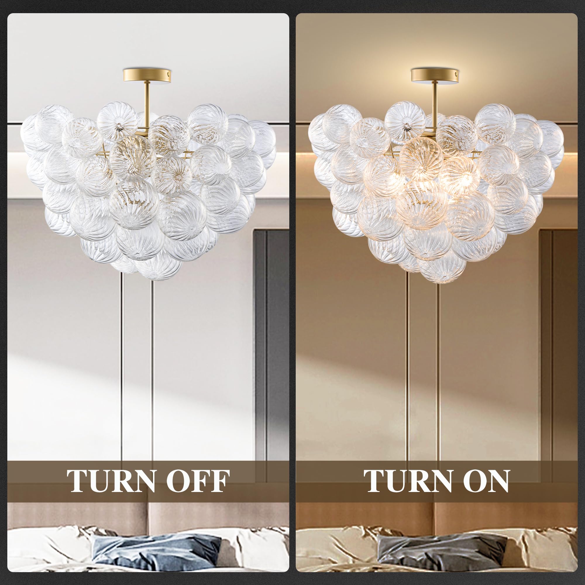 Beypan Semi Flush Mount Bubble Ball Chandelier Clear Swirled Ribbed Blown Glass Globe Gold Chandeliers Ceiling Light Fixture Dia 24" For Dining Living Room Bathtub Bathroom