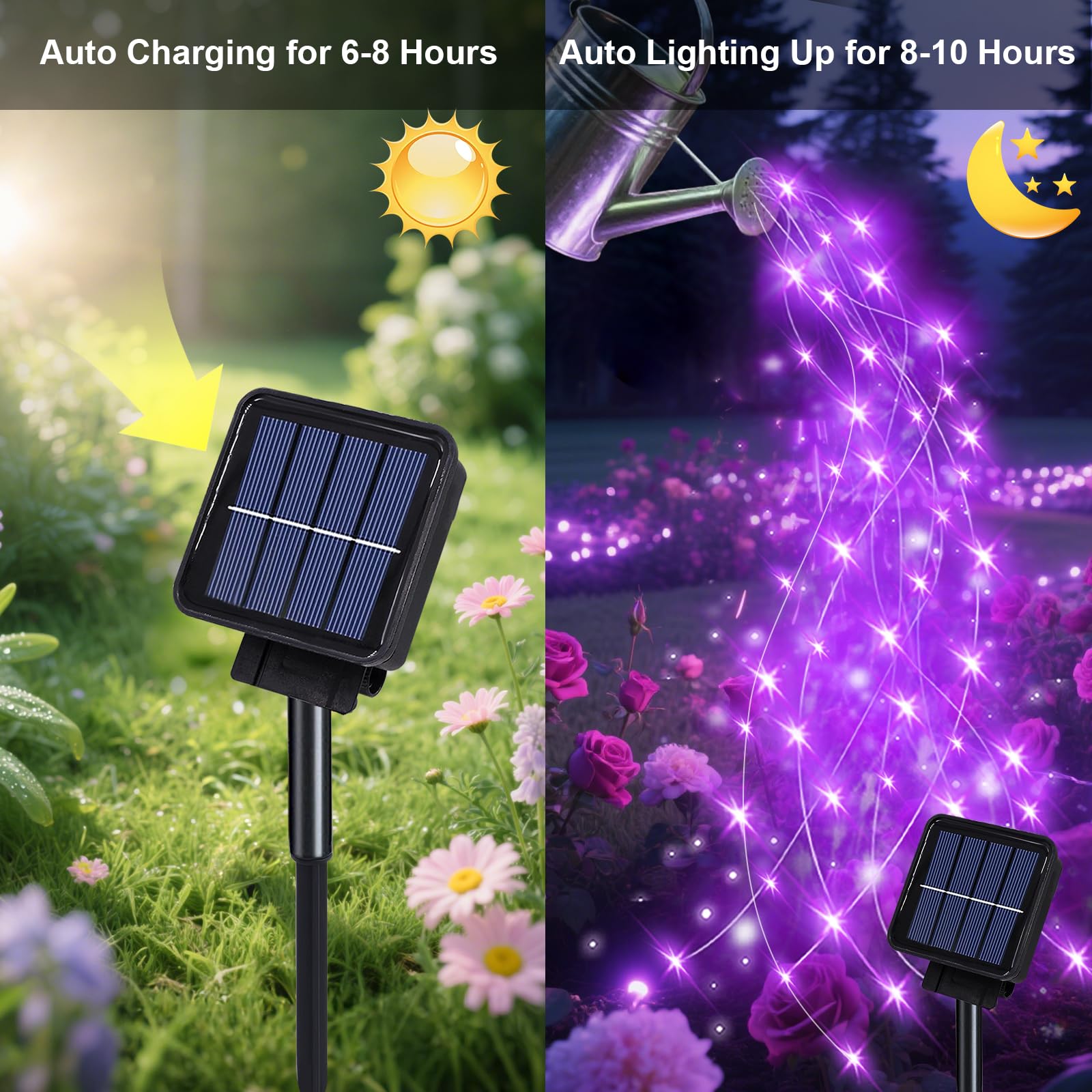 ANGMLN Solar Waterfall Fairy Bunch Lights, 200 LEDs, Purple, Waterproof, 8 Modes, Model MBSHD, Outdoor Garden Decorations