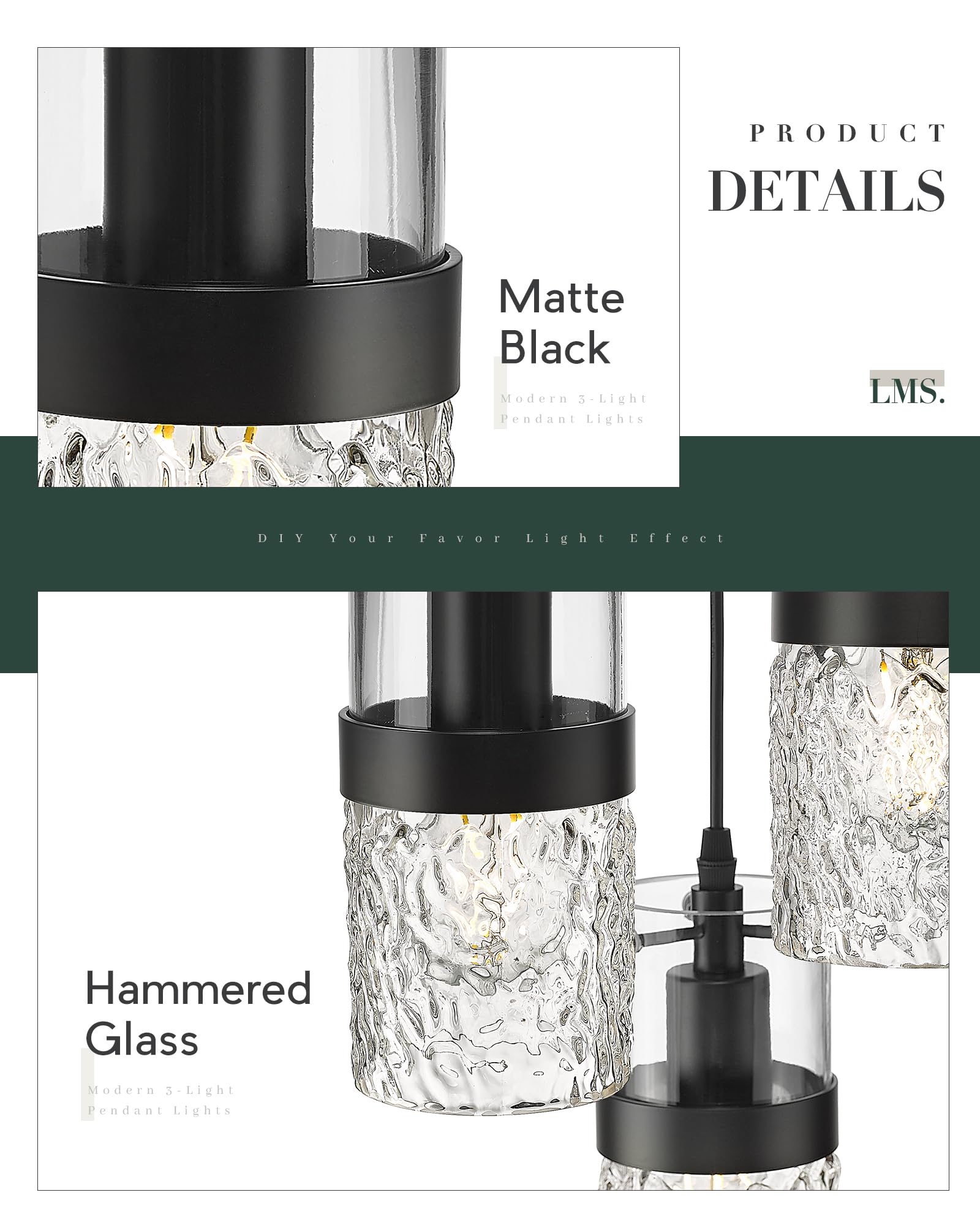Lms Black 3-Light Pendant Fixtures, Adjustable Kitchen Hanging Light Fixture, Cluster Pendant Lights, Lms-188