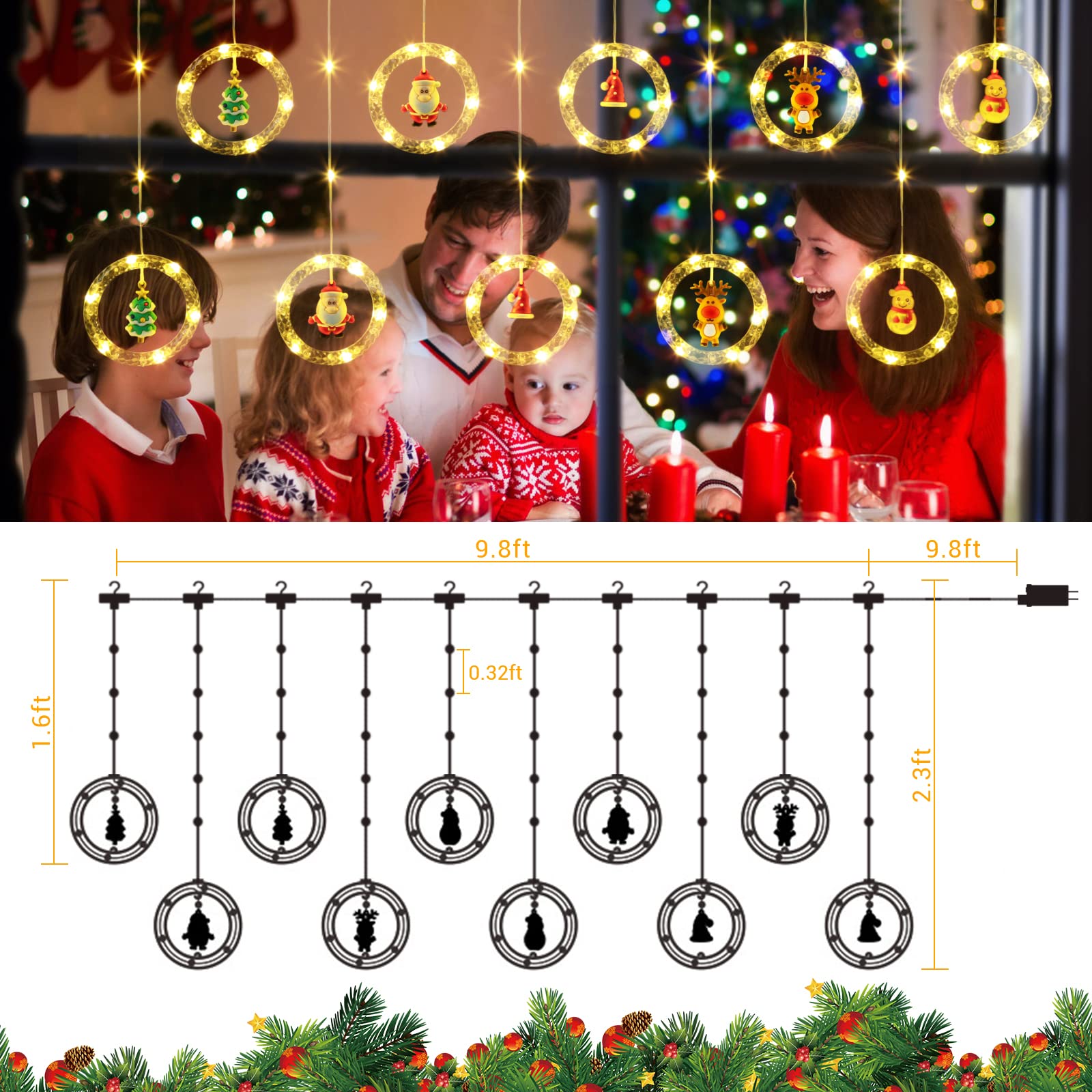 Quntis Christmas Window Curtain Lights 9.8Ft*2.3Ft Led Hanging Ring Lights With Ornament Toys - 8 Modes Plug In Christmas Decor Fairy Lights Backdrop For Bedroom Wedding Party Wall, Warm White