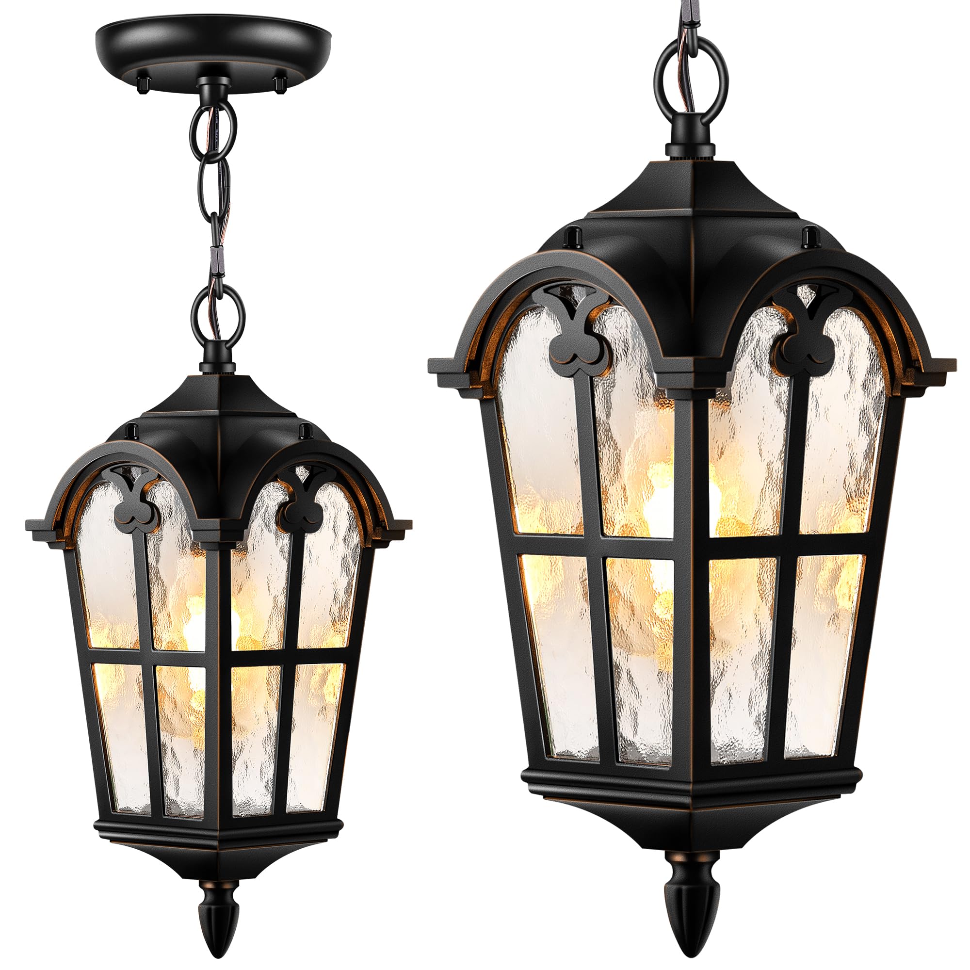 VIANIS Black Outdoor Pendant Light Lantern with Gold Trim  Outdoor Hanging Lights with Ripple Glass  Aluminum Outside Chandelier for Porch Waterproof and Anti-rust  Ceiling Fixtures for House Entryway