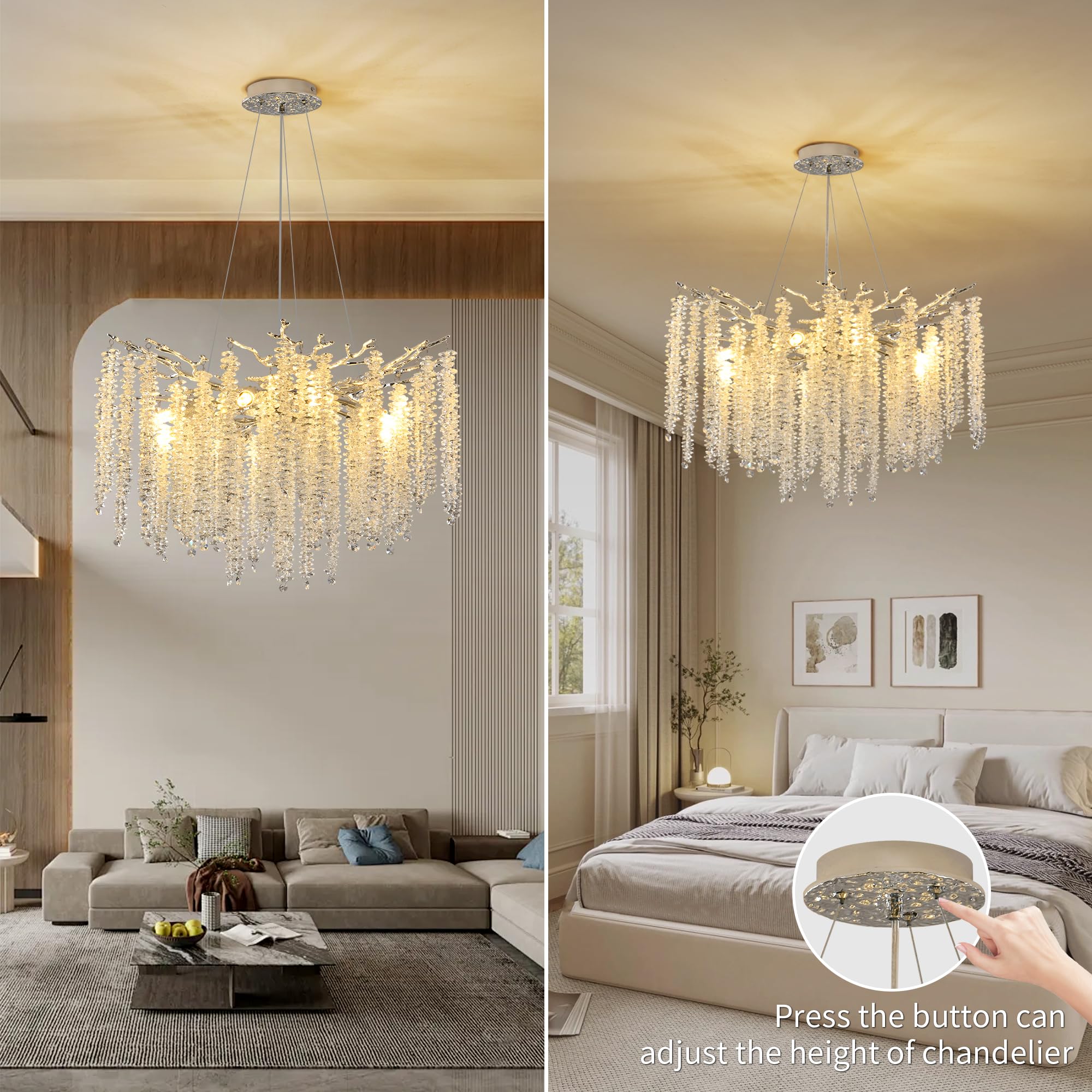 Upfelw Crystal Tree Branch Chandelier, 8 Lights, Polished Chrome, D 23.7in , Aluminum, Silver, Model UBC-S60-0428