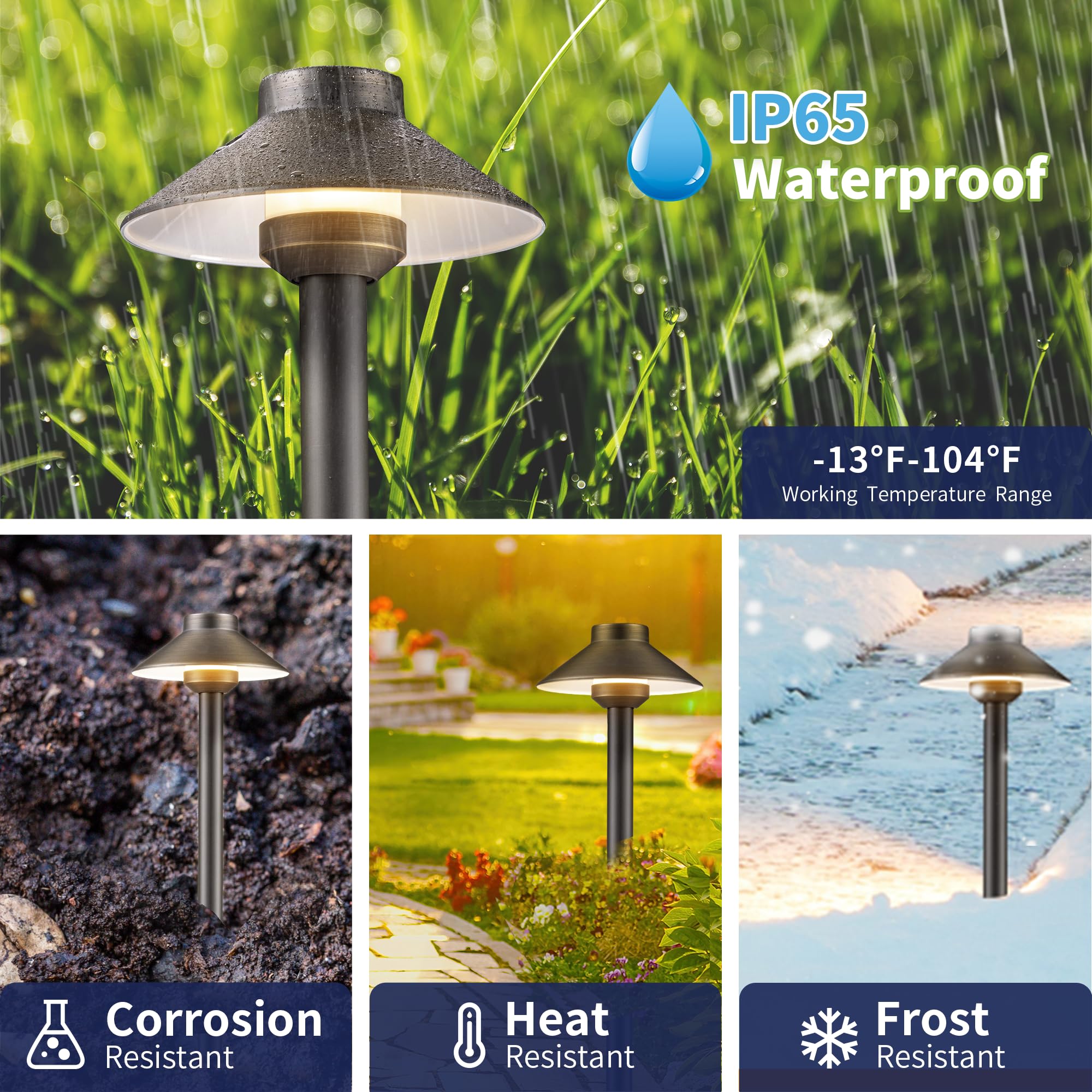 Gardenreet Low Voltage Landscape Lighting - Solid Brass Pathway Lights 12V, Led Path Lamp Waterproof, Hat Shaped Wired Bronze Fo