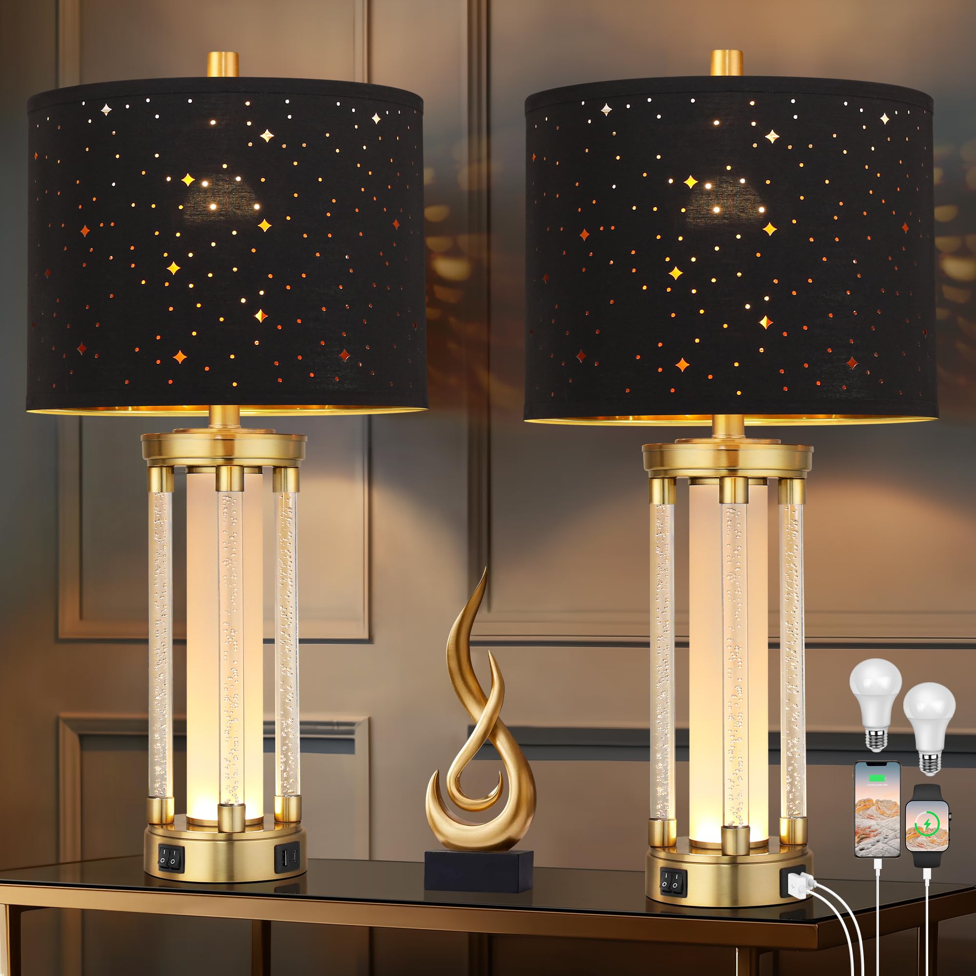 QiMH Gold Table Lamps Set of 2 with USB A+C Ports  Morden Bedside Lamps with Night Light  Unique Star Hallow Black Shade Lamp for Night Stands  Lamps for Bedroom  Office and End Tables(Bulb Included)