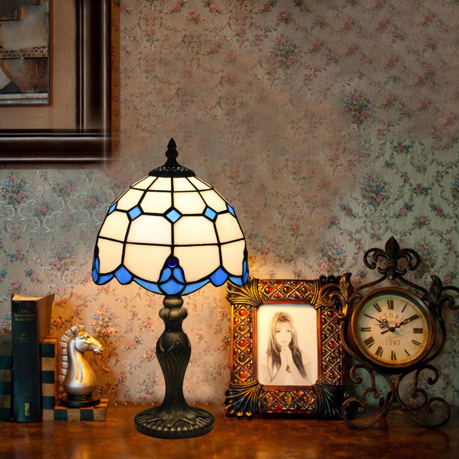 Tuomoxte Tiffany Table Lamp, Tiffany Style Stained Glass Lamp, 8 Inch Small Antique Bedside Lamp, For Nightstand Bedroom Living Room Home Office, Blue, Include Led Bulb