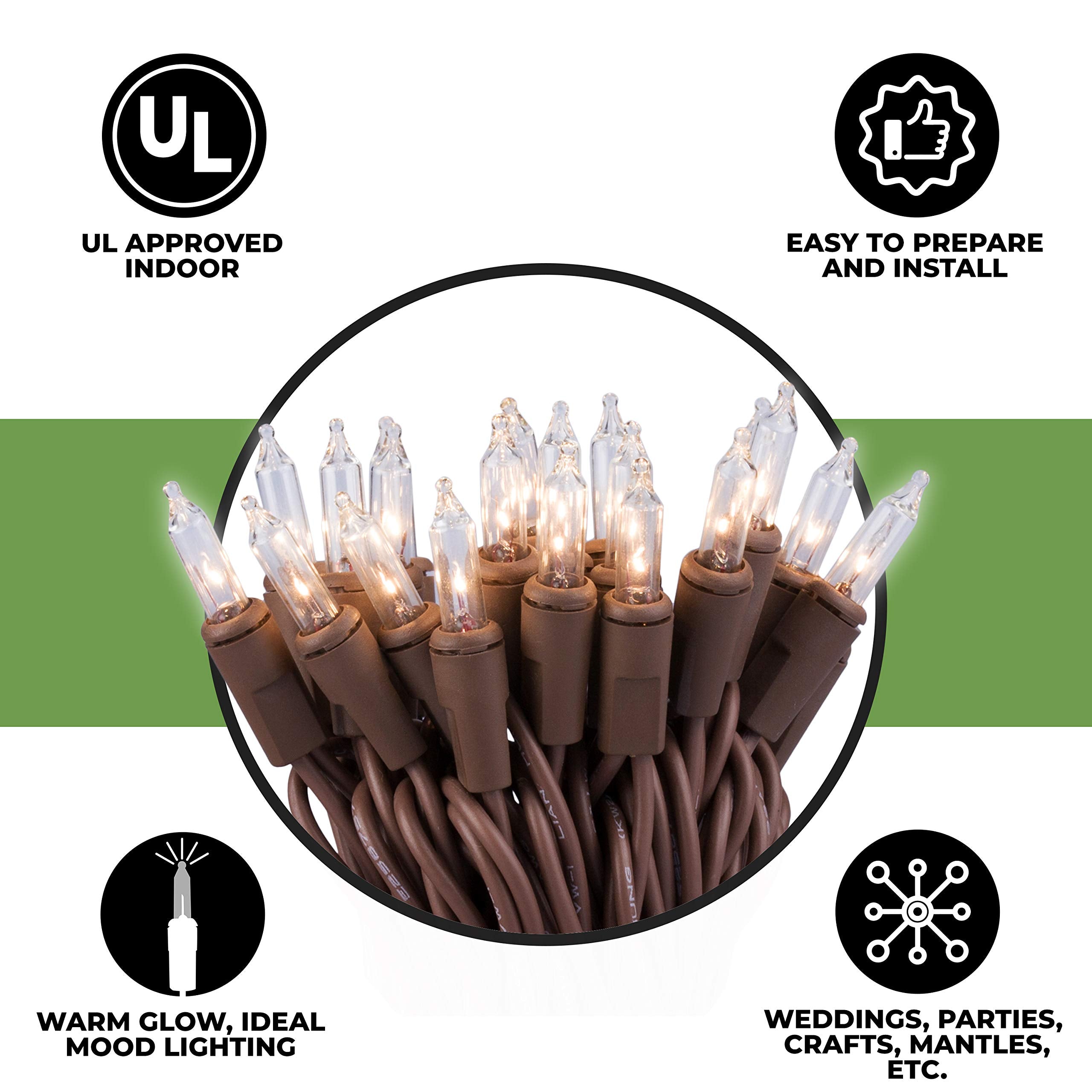 612 Vermont Mini Christmas String Lights, Brown Wire, 9ft Lighted Length, UL Approved, Indoor Use, Model LHS35-1(0.13)-LHM