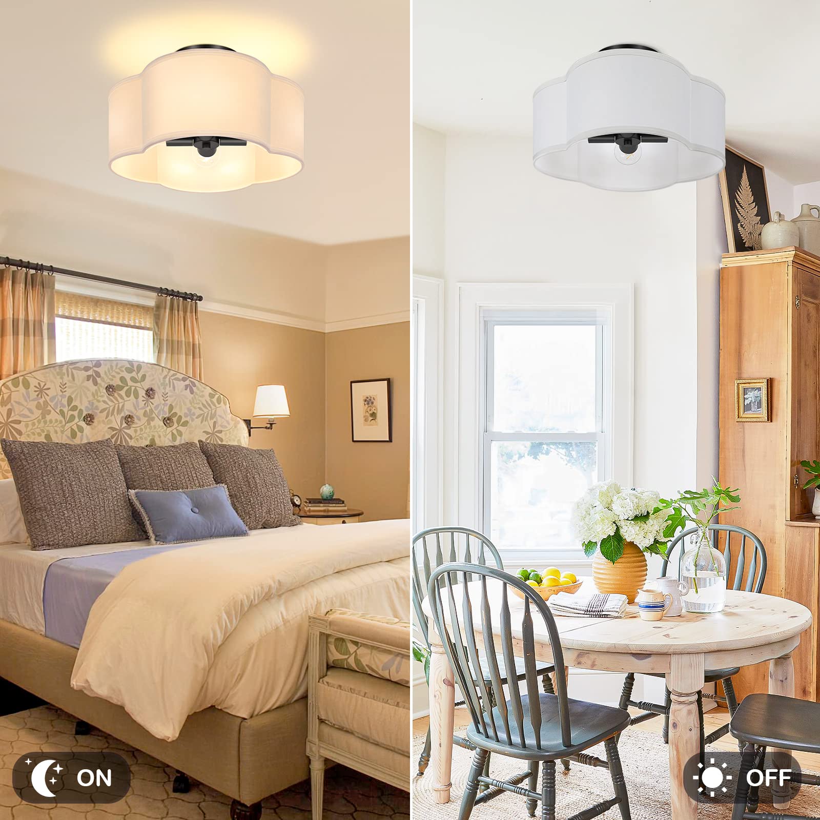 4-Light Semi Flush Mount Ceiling Light Fixture, Black Modern Close To Ceiling Lamp With White Fabric Shade, Farmhouse Bright Lig