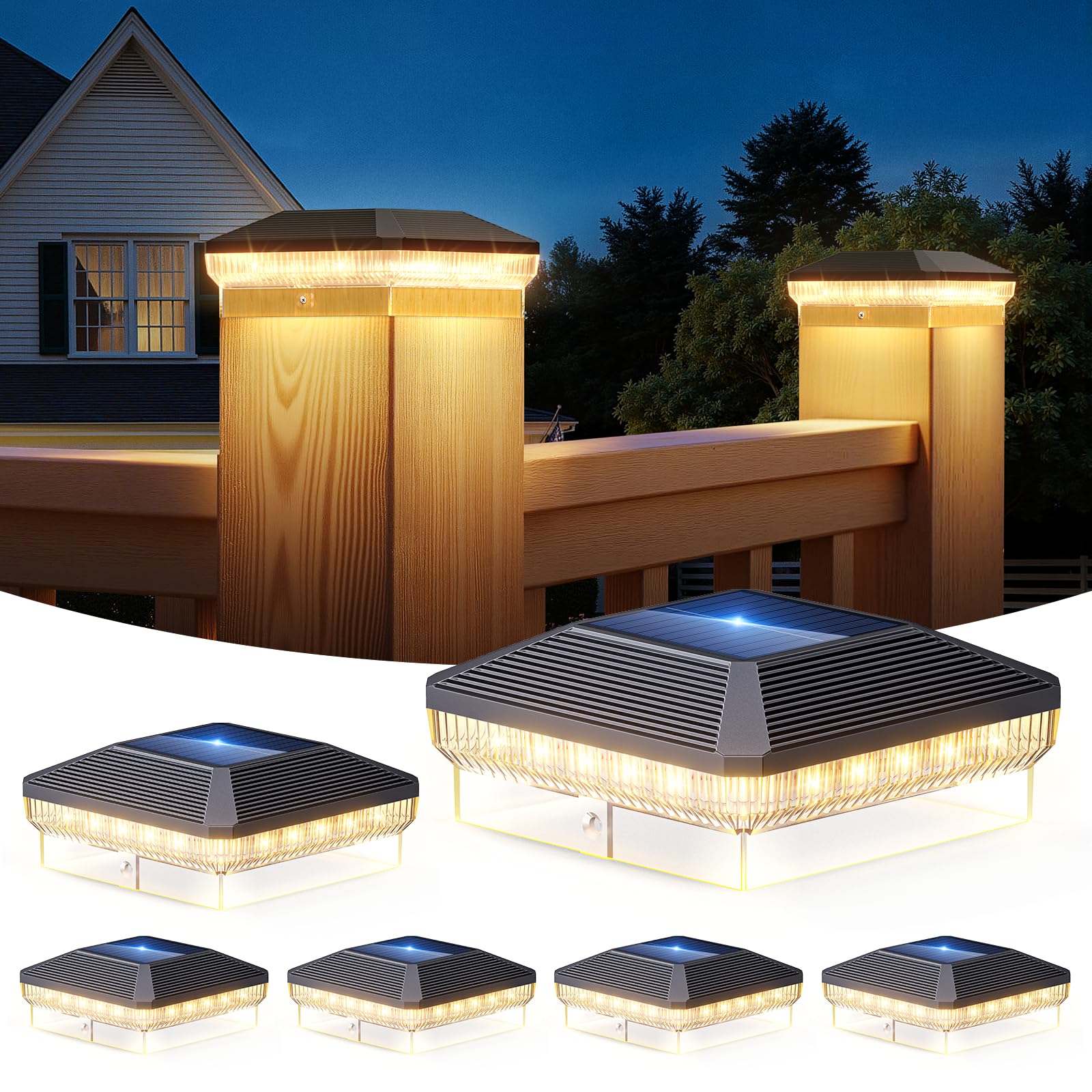 LETMY 6 Pack Solar Post Cap Lights Outdoor  40 LEDs 4x4 Fence Post Solar Lights Outdoor Waterproof with 3 Modes  Solar Powered Deck Fence Cap Light for 3.5x3.5 4x4 Vinyl Wooden Posts (Black)