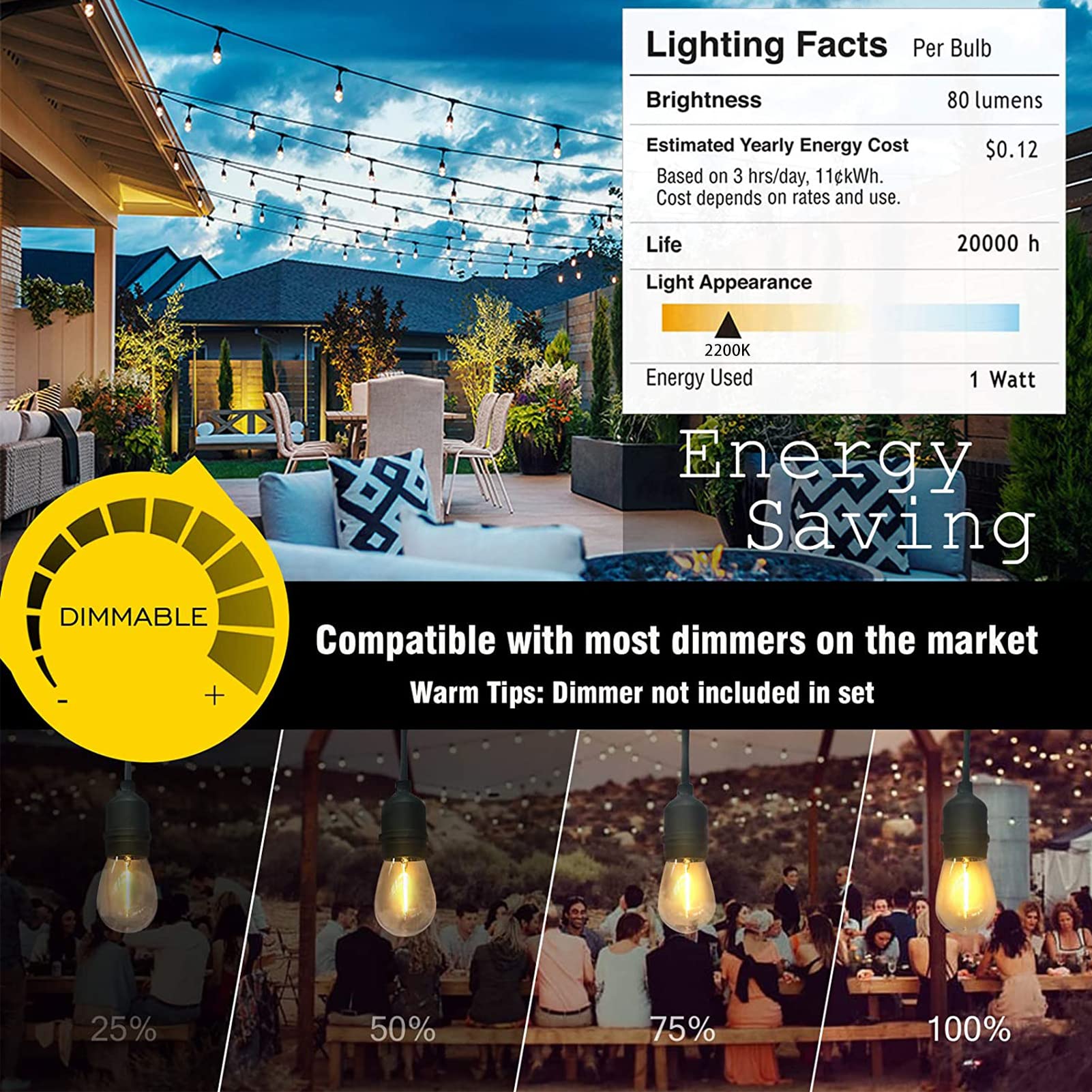 Achin Outdoor String Lights 150FT, 50 Dimmable Edison Bulbs, Waterproof Warm White, Model OTS15045-TS20B1-S1427