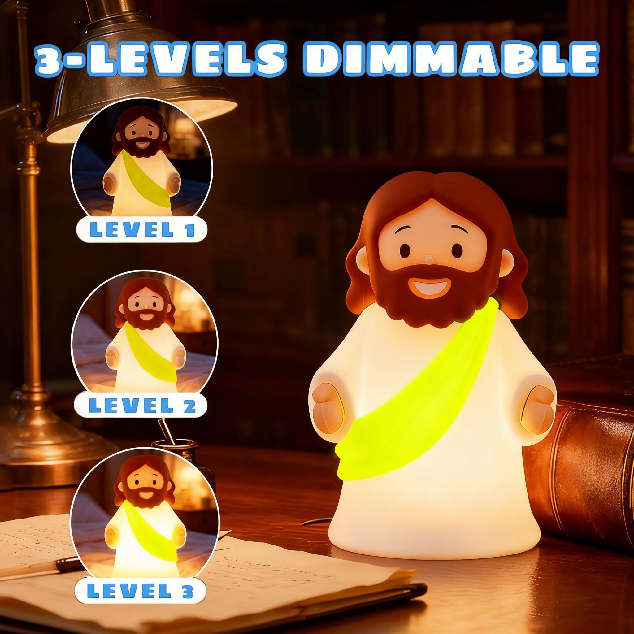 magical JD Silicone Night Light Lamp - Dimmable Mini Jesus Design, Yellow, 3.15" W x 5.9" H, Rechargeable for Kids' Nursery and Gifts