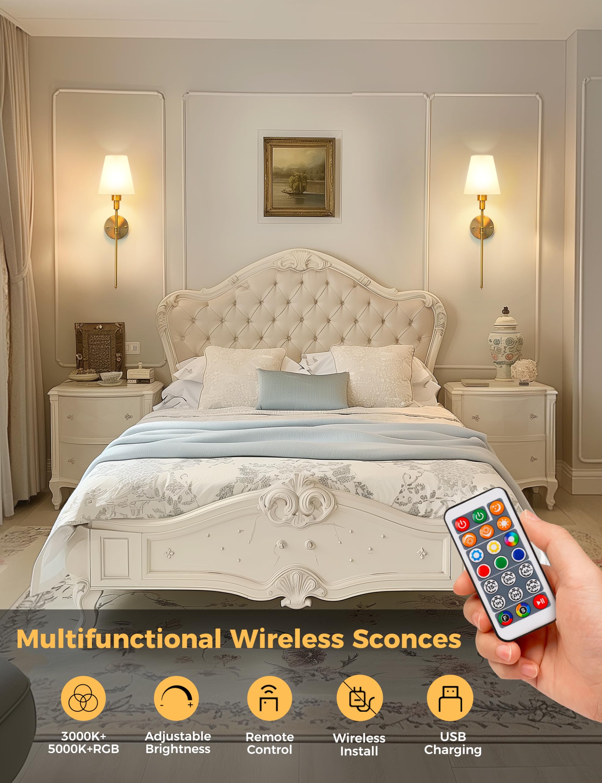 Doresshop Battery Operated Wall Sconce Set Of 2, Wireless Wall Light Easy To Install, 7 Color Rechargeable Wall Sconces, Sconce