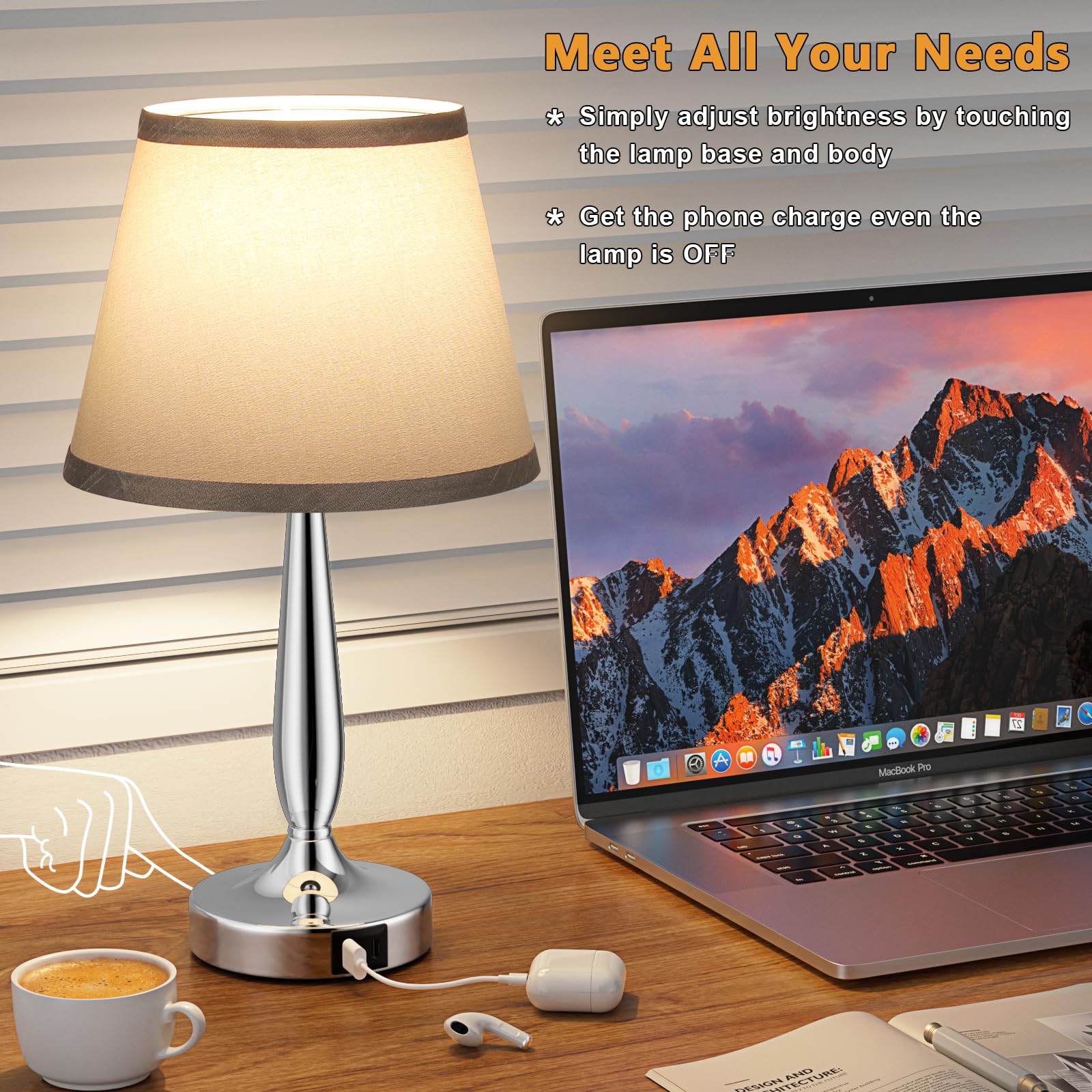 Kakanuo Touch Table Lamp - 3 Way Dimmable, USB C Charging, Gray Shade & Silver Base, Ideal for Bedroom & Living Room
