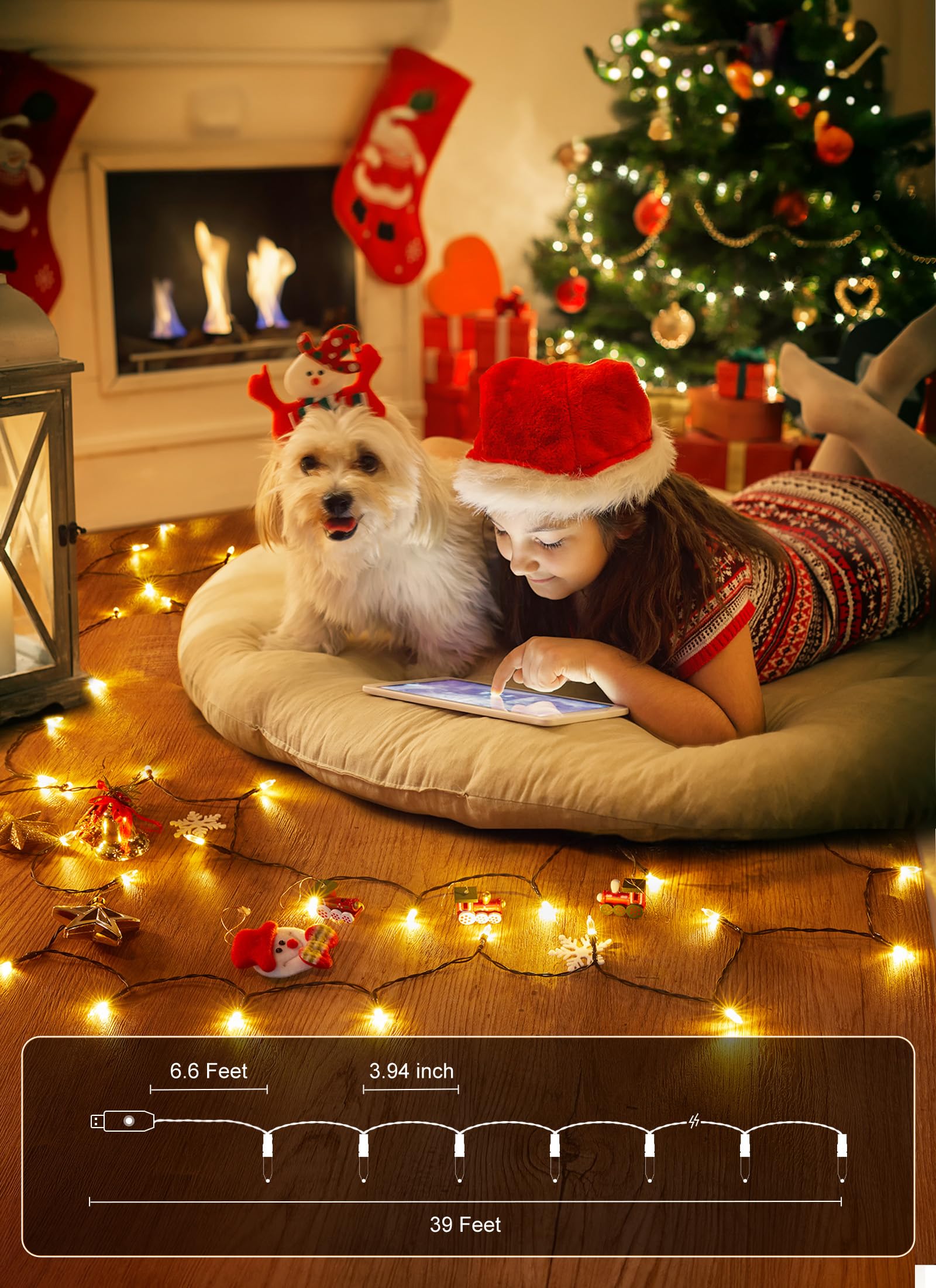 Minetom LED Christmas Lights, 100 Count Warm White String Lights, 39 FT with Remote, USB Plug for Indoor Decorations