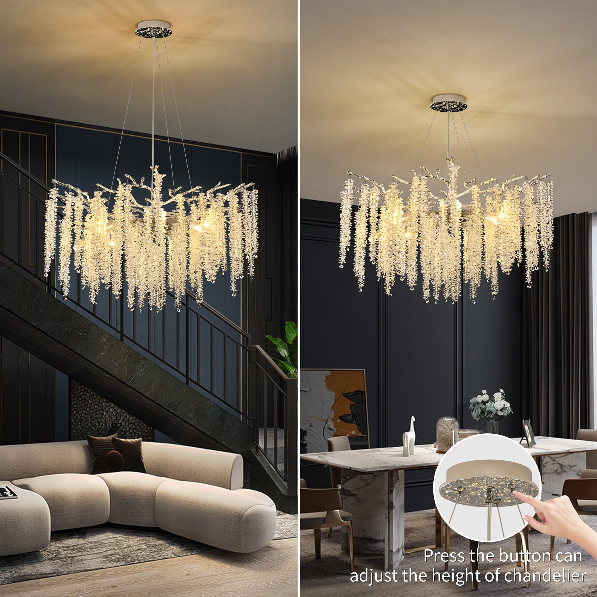 Upfelw Modern Crystal Tree Branch Chandelier, 10 Lights, D30'', Polished Chrome, Art Deco Lighting for Dining Room, Bedroom, Living Room