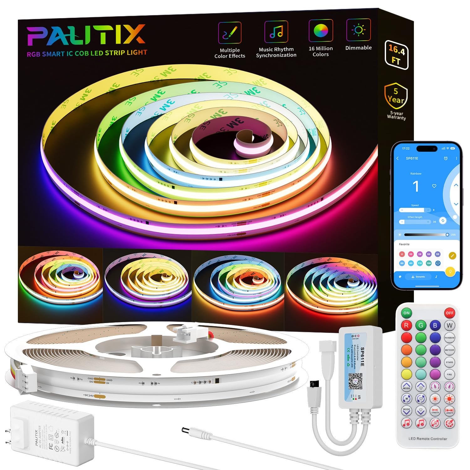 Pautix Rgb Smart Ic Cob Led Strip Light 16.4Ft, App Control, Music Mode, Ul-Listed, Multicolor