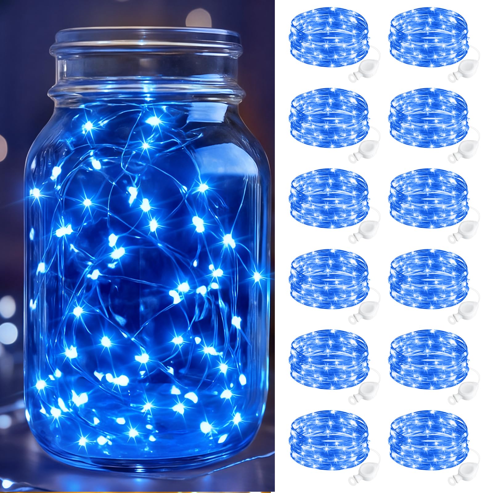 Btfarm 12 Pack Fairy Lights Battery Operated  7Ft 20 Led Mini String Lights Waterproof Silver Wire For Mason Jars Centerpiece Table Crafts Bedroom Christmas Decoration  Blue