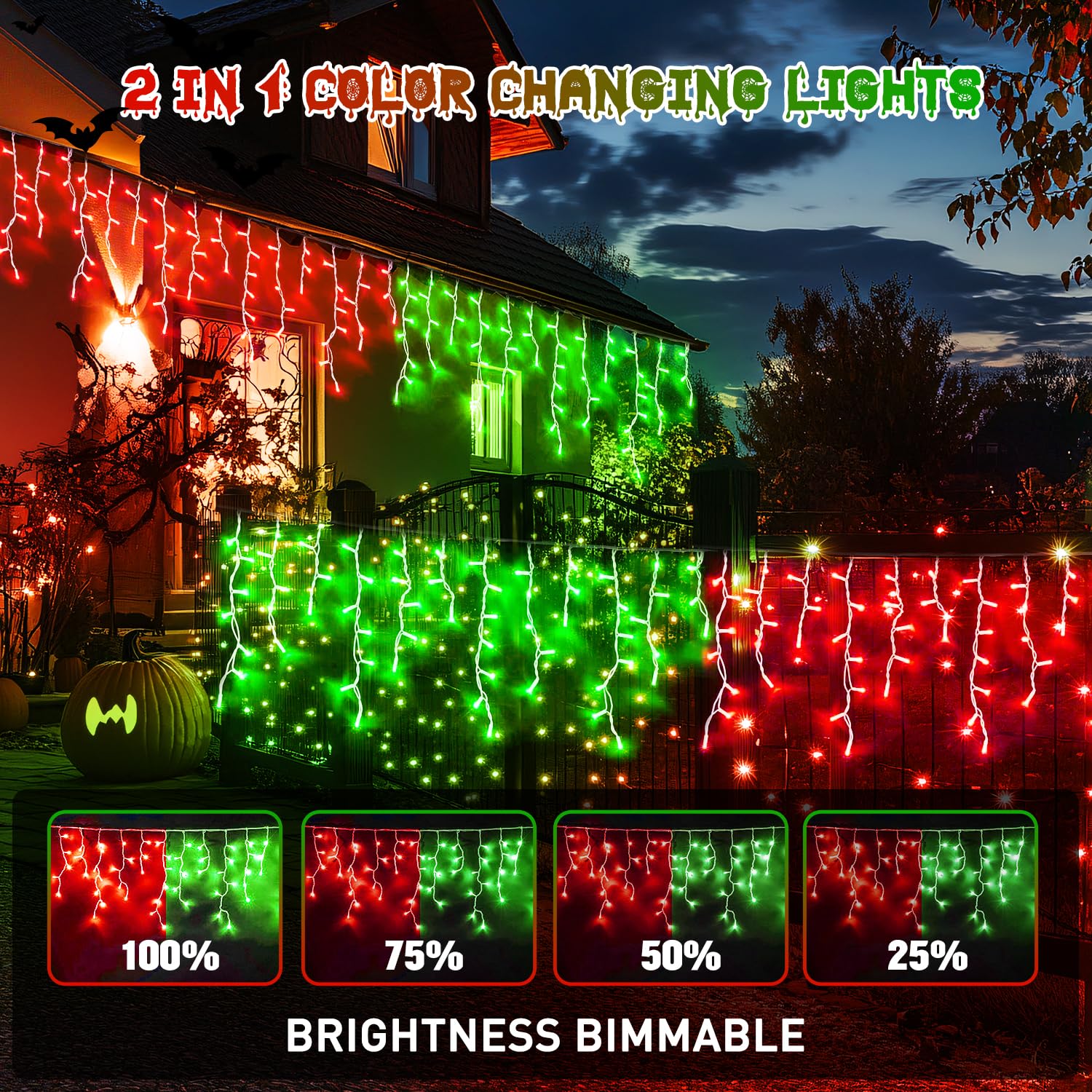 JMEXSUSS 400 LED Icicle Lights, Red & Green, Clear Wire, 11 Modes, Model EXS-I-0400-R, Outdoor Christmas & Halloween Decorations