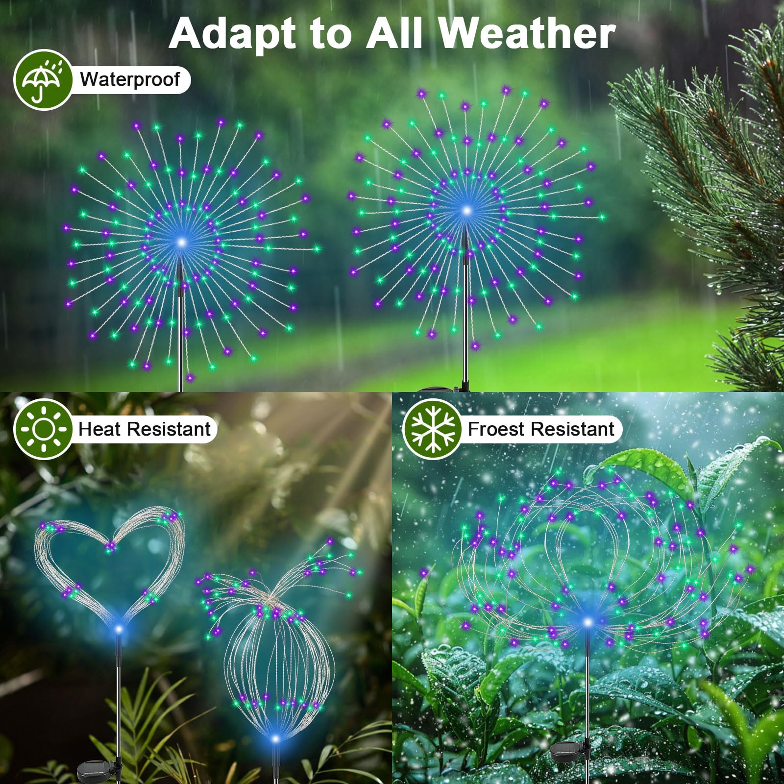 YaaFen Solar Garden Lights, 120 LED Twinkling Firework, 2 Pack, Waterproof, Green + Purple, Model YHD
