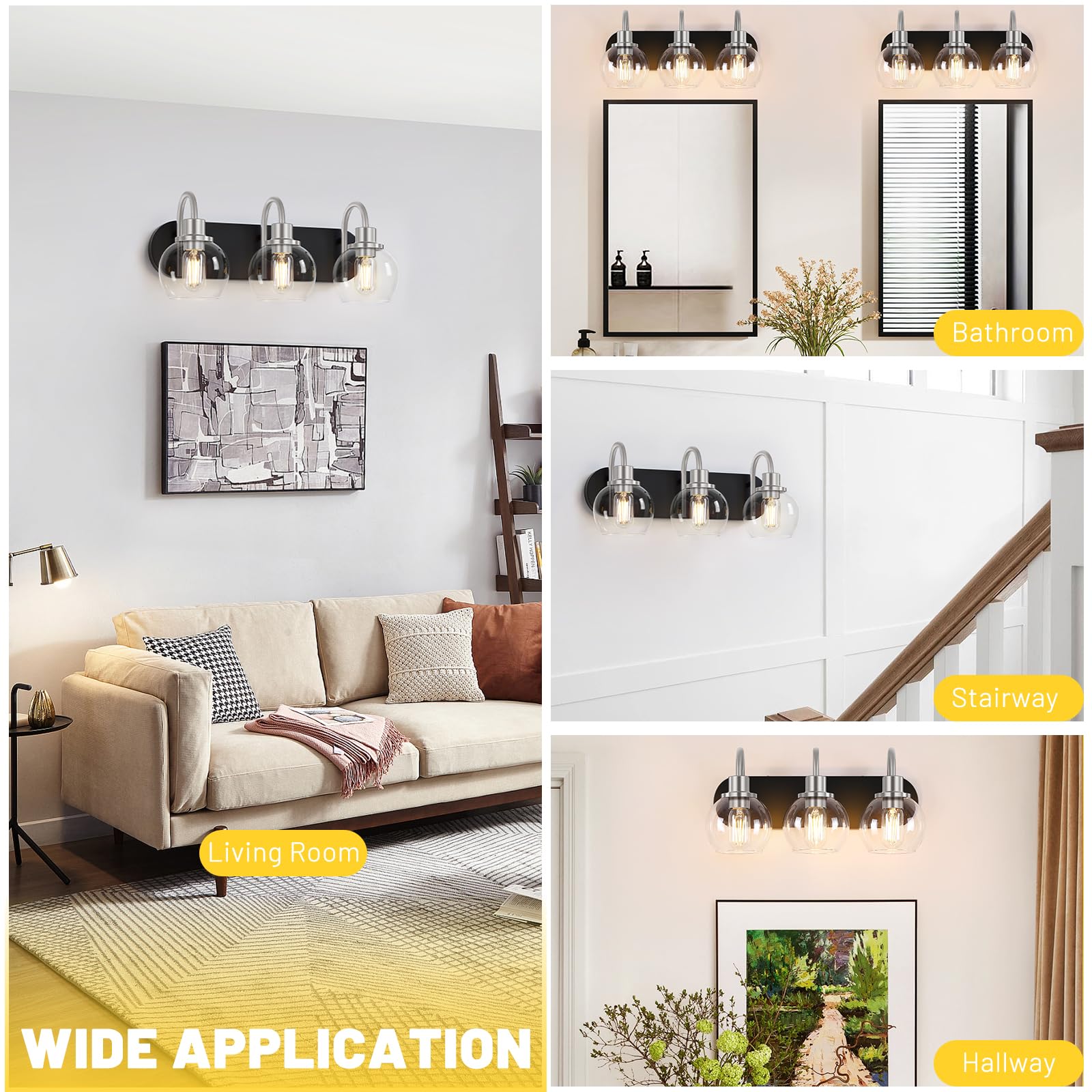 Dpyrrhic 3-Light Bathroom Vanity Light Fixture, Metal In Matte Black & Brushed Nickel, Modern Design With Clear Glass Shade