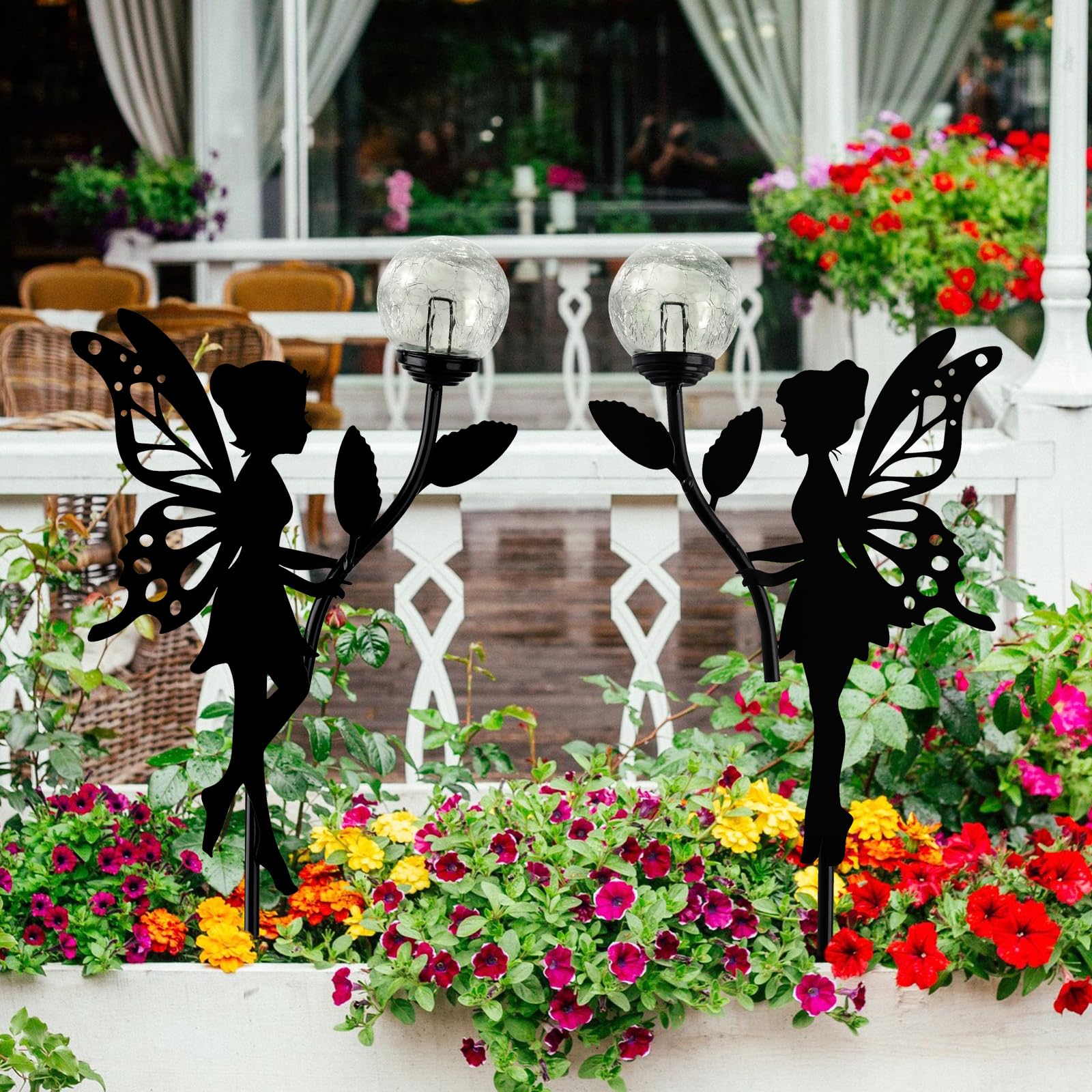 Ouddy Decor 2 Pack Solar Fairy Garden Decor, Metal Statues With Crackle Glass Globe Lights Silhouette Waterproof For Outdoor Lawn Patio Yard Pathway Home Decorations Valentine'S Day Gardening Gifts